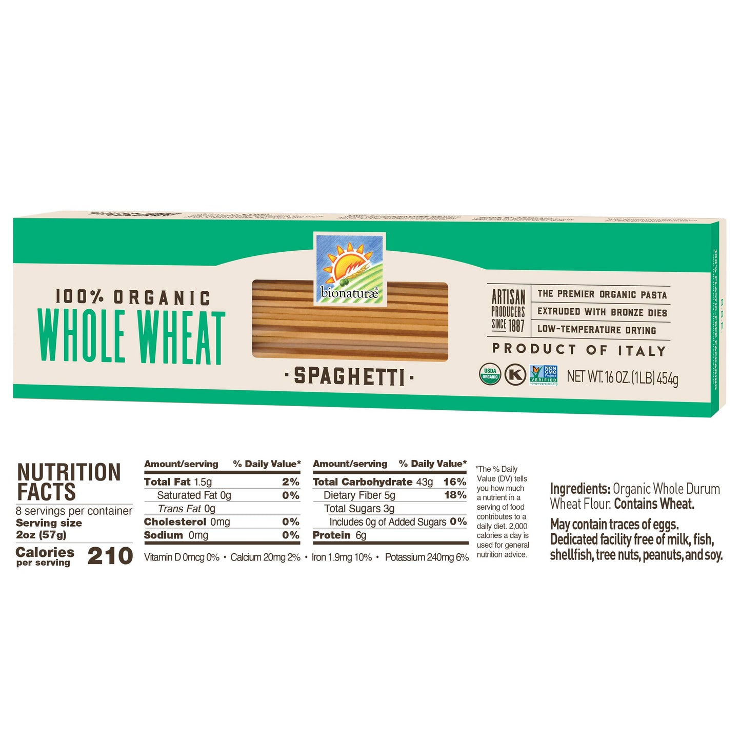 Bionaturae Organic Whole Wheat Spaghetti Pasta, 16 Ounce - 12 per case