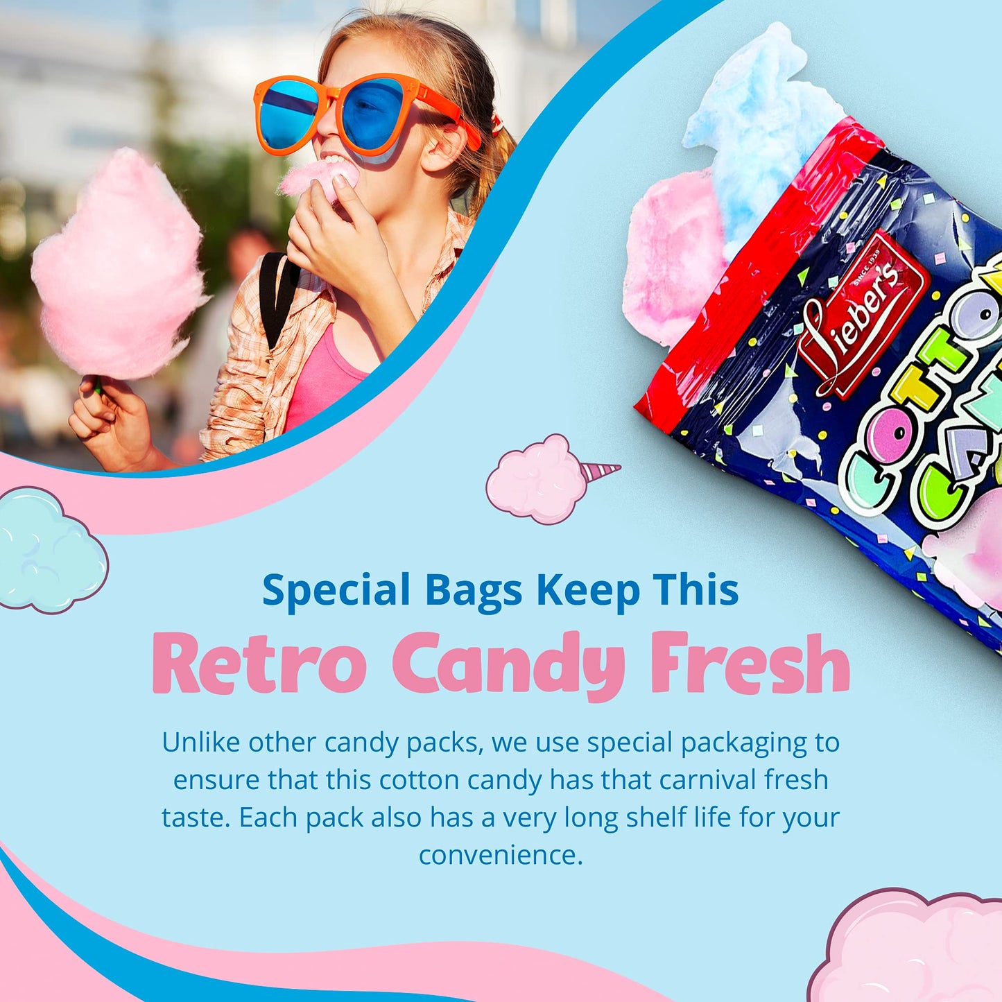 Lieber's Cotton Candy | 48 Pack of Light & Fluffy Vintage Candy | Blue & Red Carnival Birthday Party Favors Treats Supplies for Kids, Kosher | 0.8