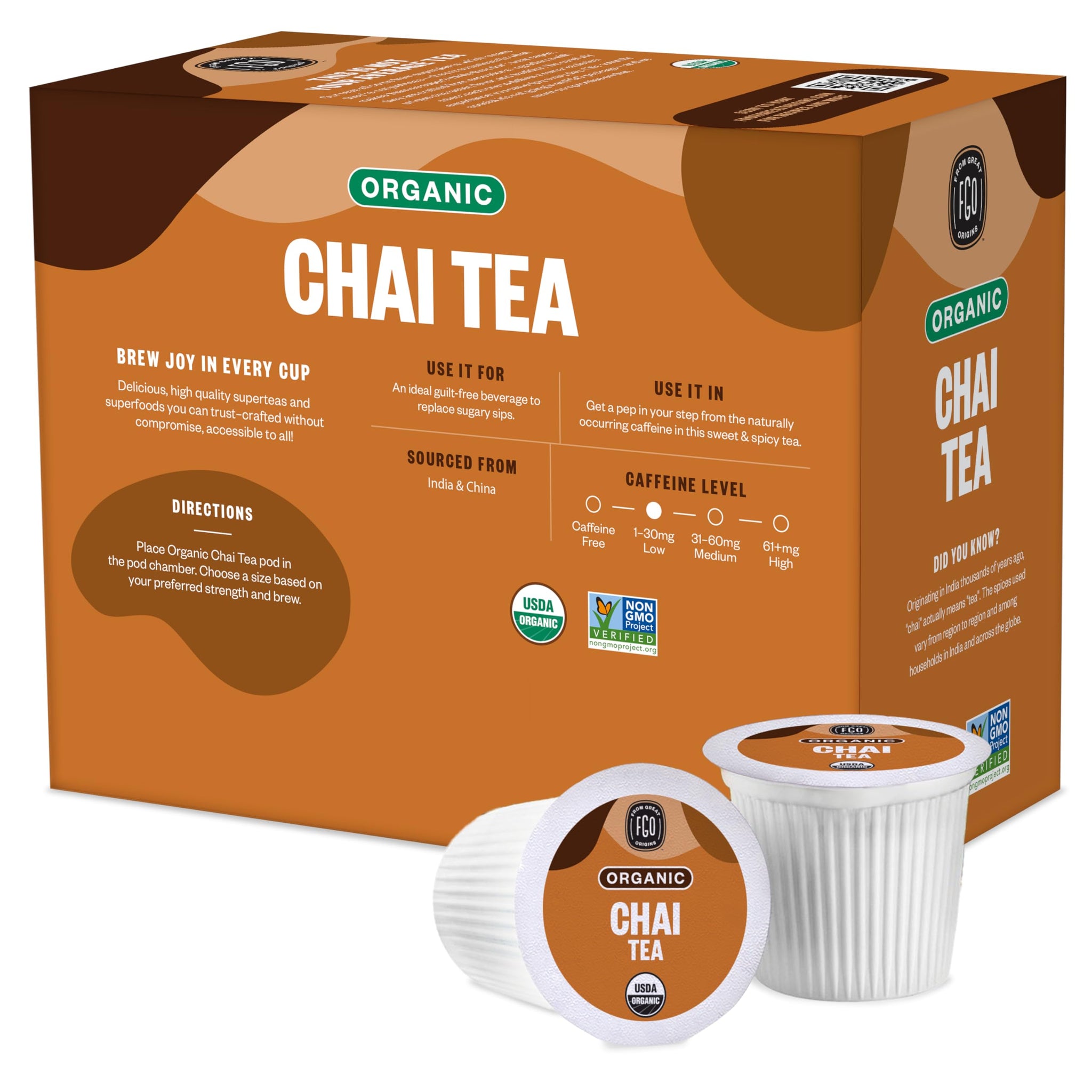 FGO Organic Chai Black Tea K-Cup Pods for Keurig, 24 Count (Pack of 1), Premium Black Tea with Chai Spice is USDA Organic, Non-GMO, & Recyclable