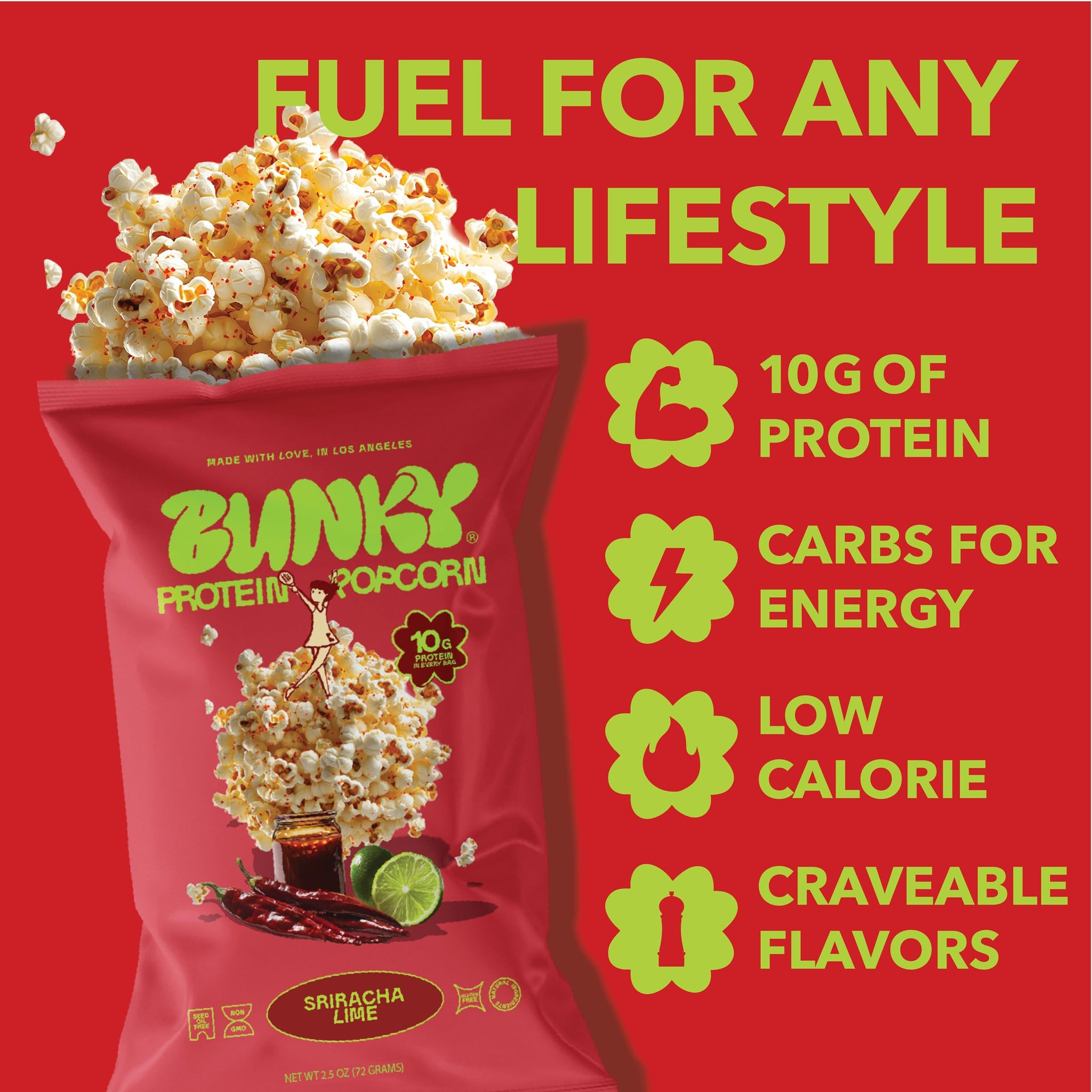 BUNKY Protein Popcorn | Premium High-Protein Air-Popped Snack | Aged White Cheddar & Sriracha Lime | Low Calorie, High Fiber, Guilt-Free Crunch | 10g