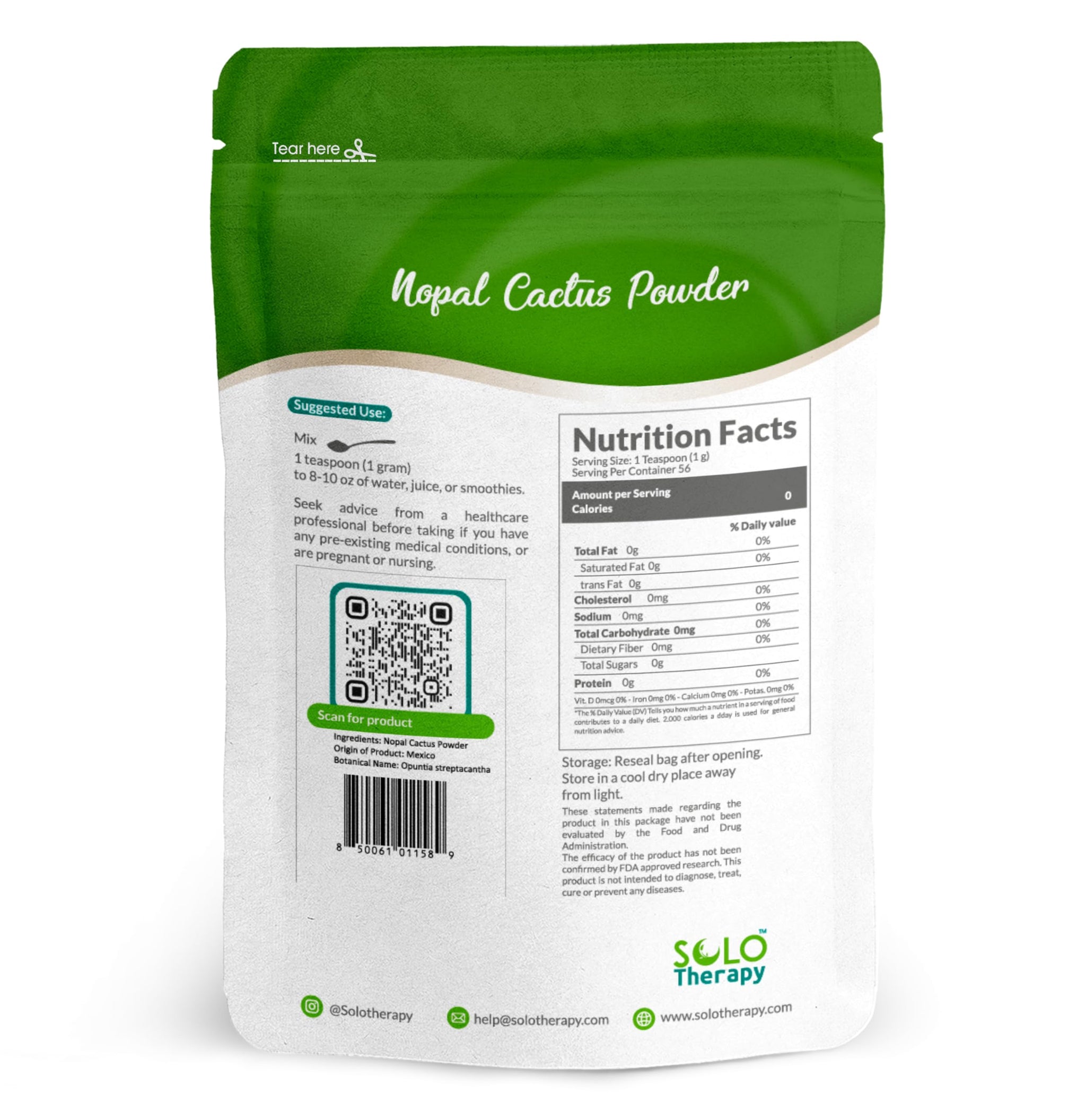 Nopal Cactus Powder, 56 Grams, Opuntia Streptacantha Herbal Tea - Resealable Bag