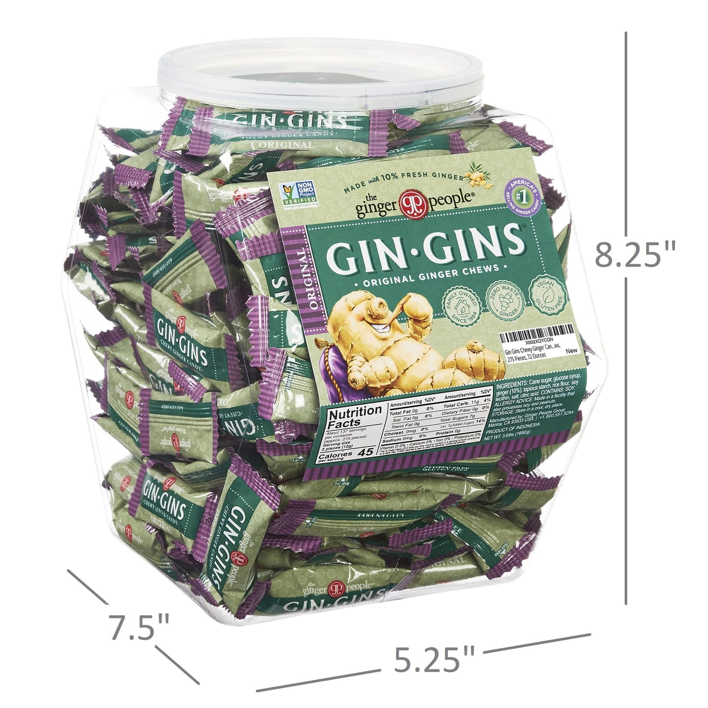 Gin Gins Chewy Ginger Candy Bulk Pack | Individually Wrapped Candies in Reusable Plastic Tub | Gluten Free and Vegan Ginger Chews, 275 Pieces