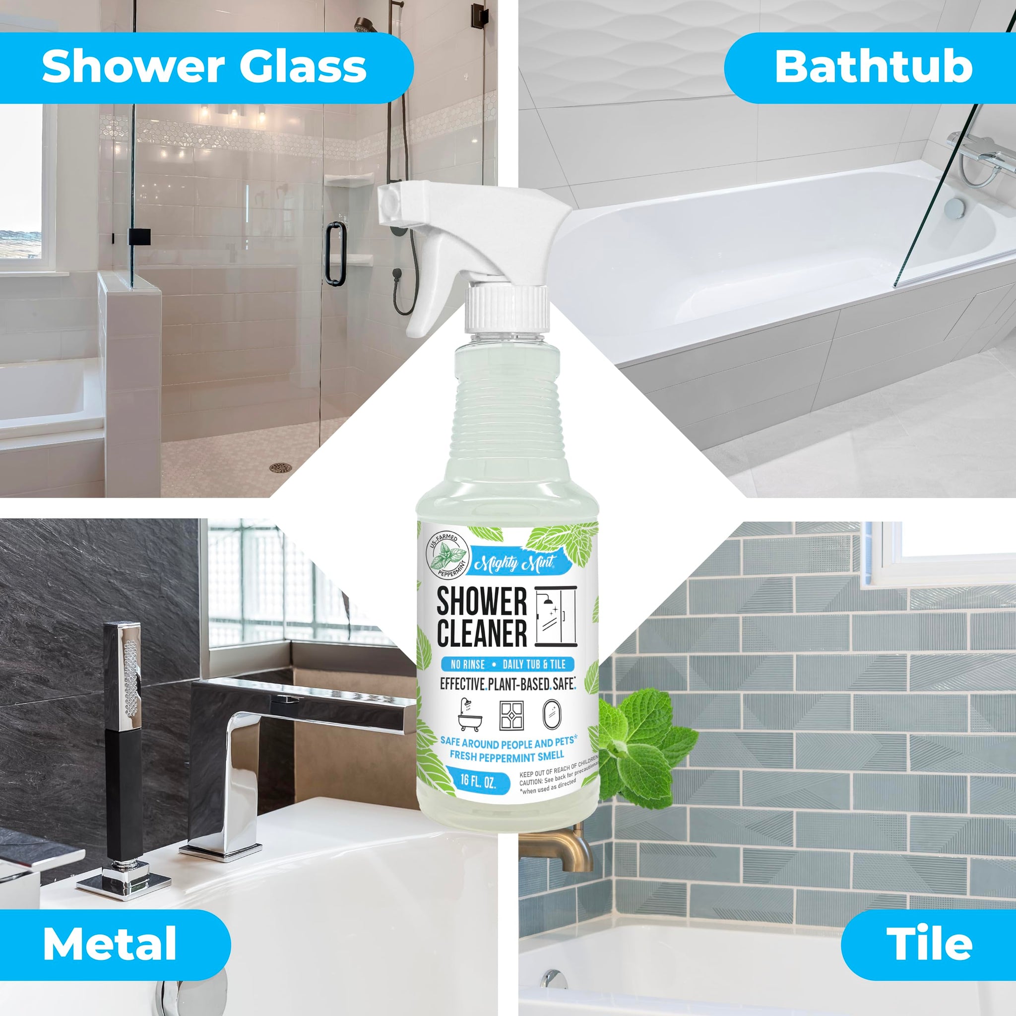 Mighty Mint Daily Shower Cleaner Spray - No Rinse, No Scrub Solution for Glass, Tile & Grout - Plant Based Formula with Peppermint Scent - 16 oz.