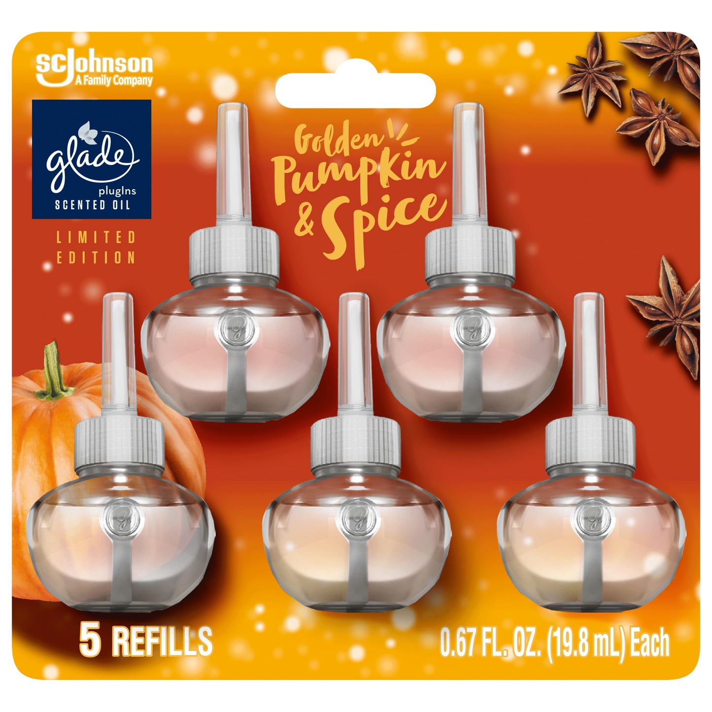 Glade PlugIns Refills Air Freshener, Scented and Essential Oils for Home and Bathroom, Golden Pumpkin & Spice, 3.35 Fl Oz, 5 Count