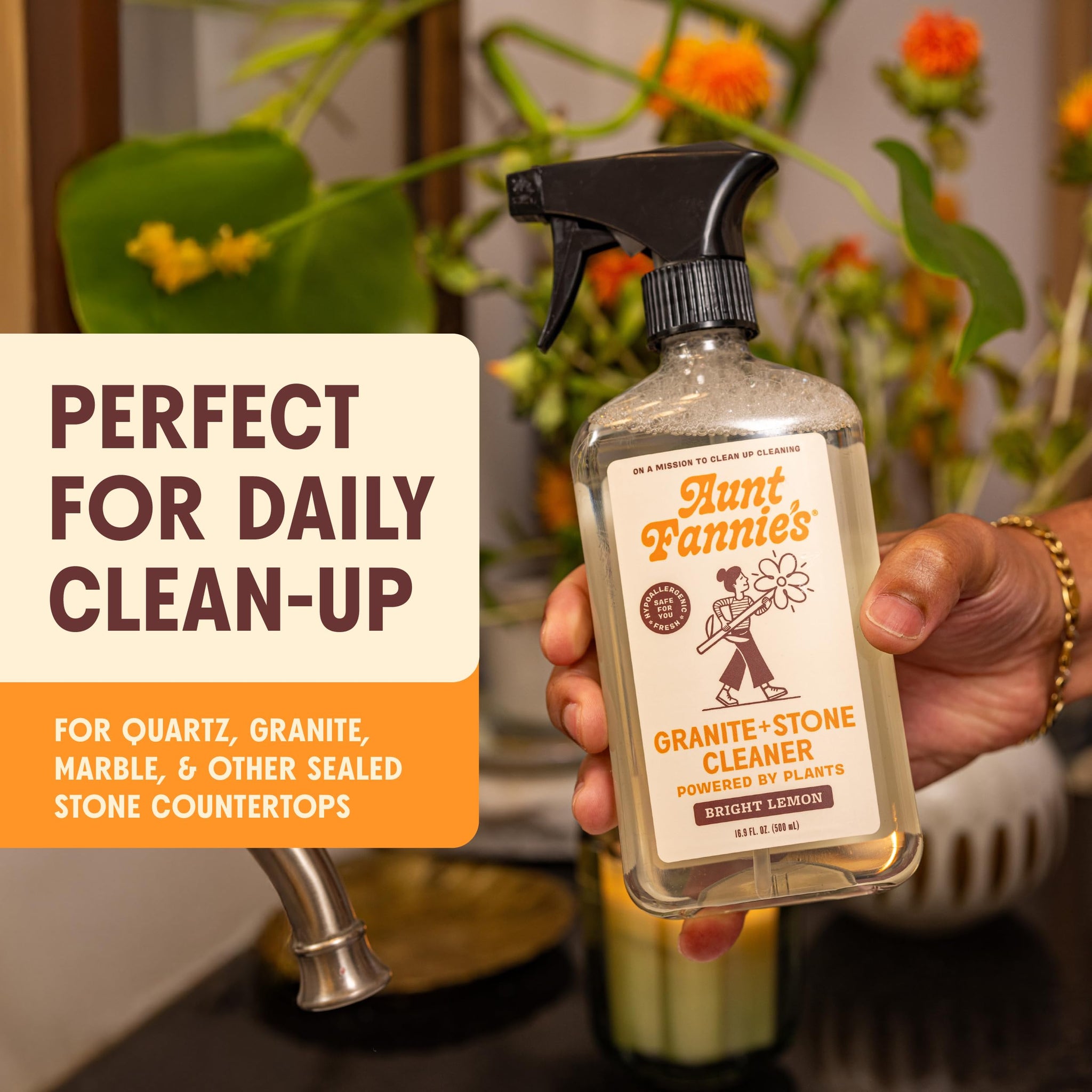 Aunt Fannie's Granite and Stone Cleaner, Plant Based Daily Countertop Spray for Granite, Stone, Marble, Soapstone, Quartz, Slate, Laminate, and other
