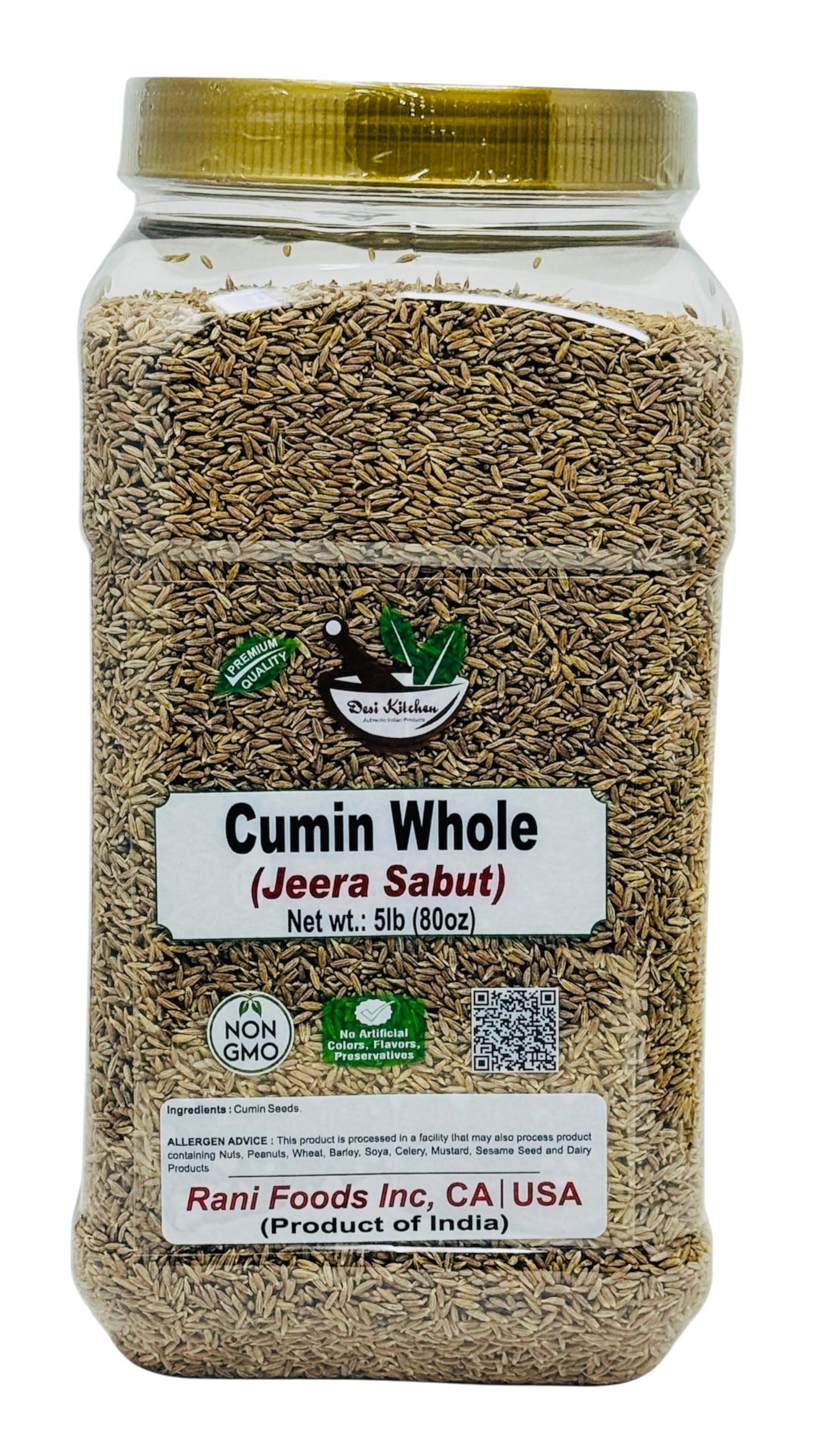 Desi Kitchen Cumin Seeds Whole (Jeera) Spice 5lbs (80oz) 2.27kg Bulk, PET Jar ~ All Natural, NON-GMO, Vegan, Indian Origin