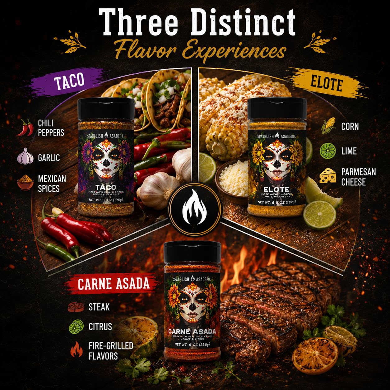 Spanglsh Asadro Mexican Street Flavor Collection, Taco, Elote & Carne Asada Seasonings, Mexican-Inspired Spice Blends for Tacos, Corn, Steak, Chicken