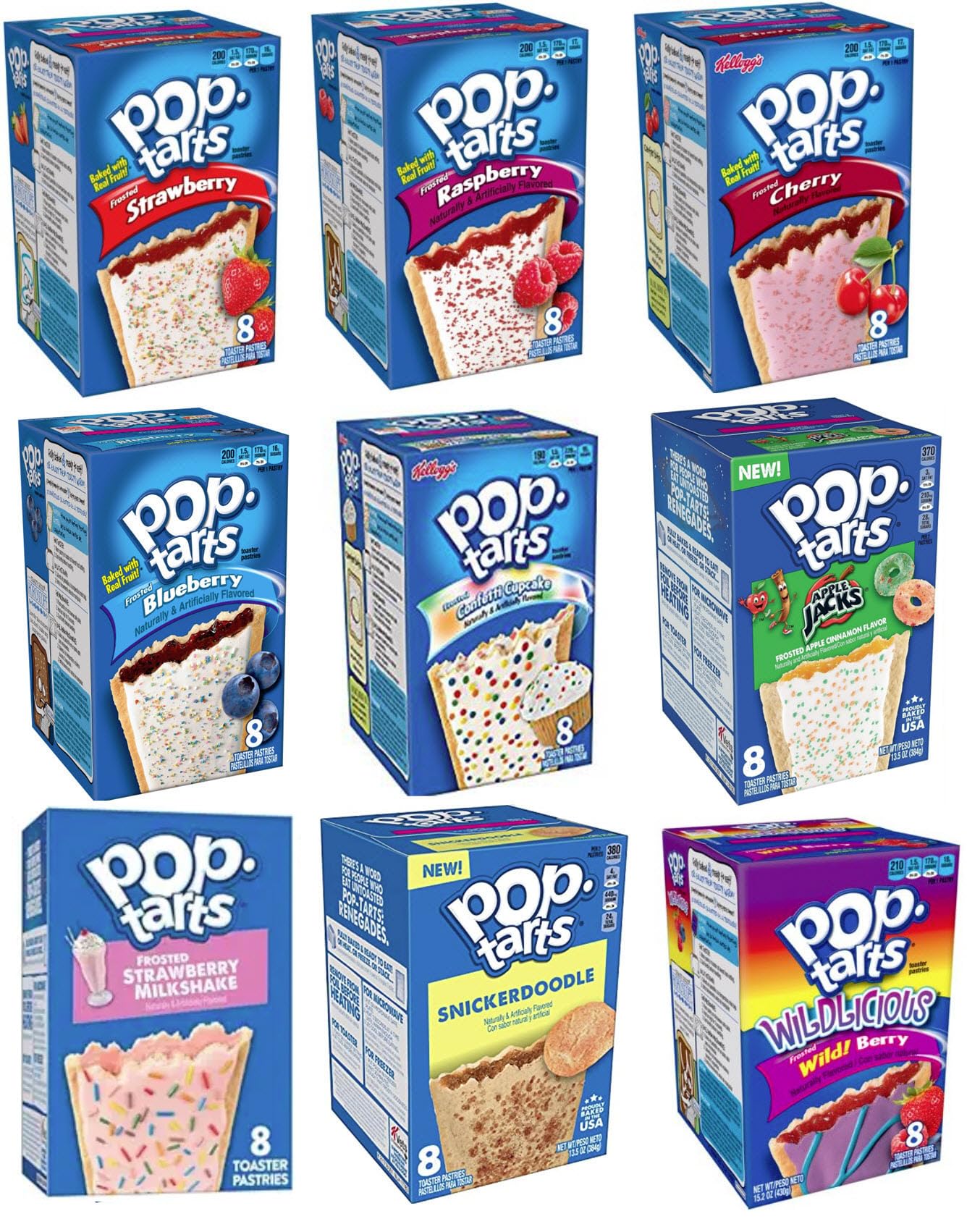 Pop Tarts Variety Pack FRUIT FLAVORED Sampler, Bundle of 9 Different Flavors. Flavors Include: Strawberry, Blueberry, Raspberry, Cherry, Wildberry