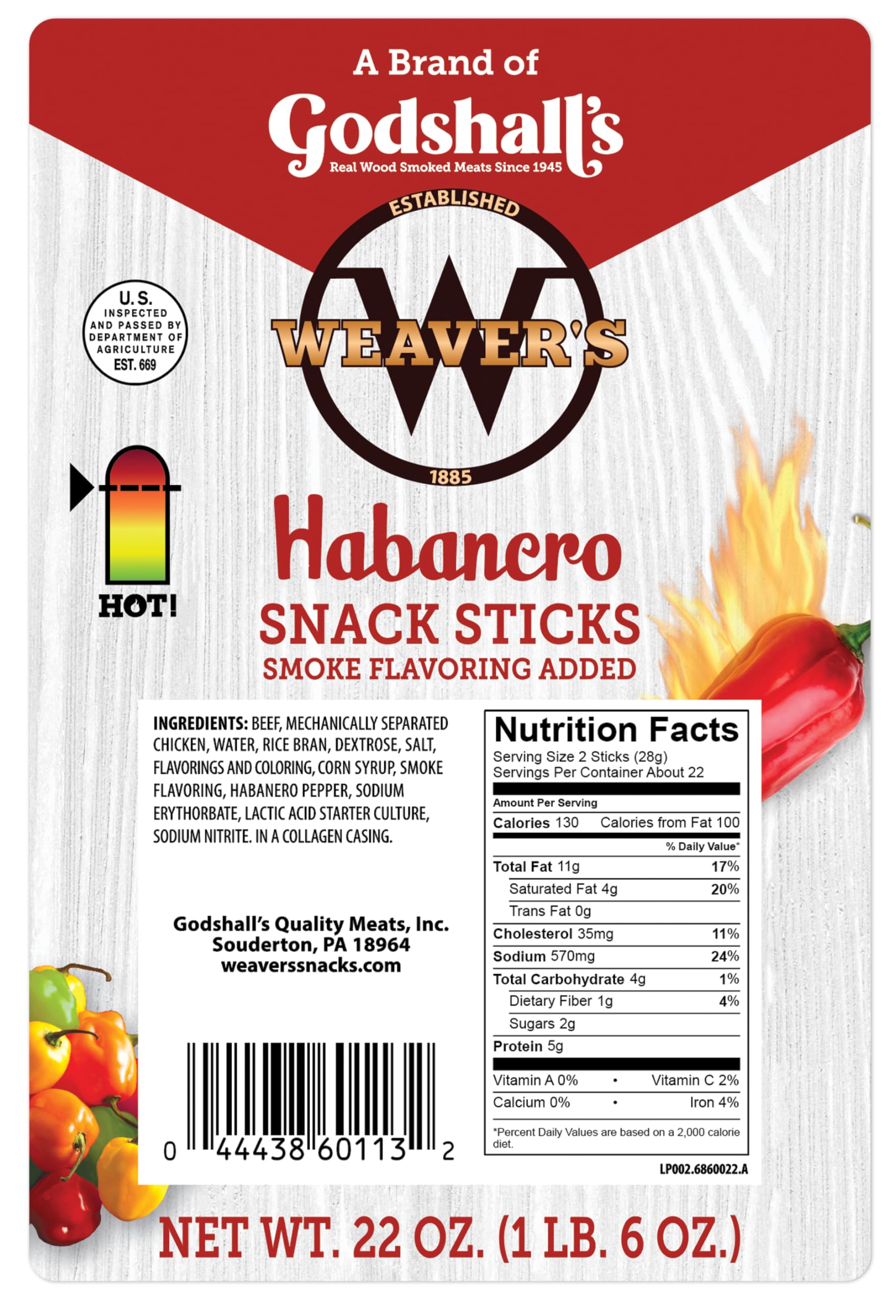 Weaver’s Habanero Snack Sticks (44 spicy 7" beef and chicken snack sticks per 22oz bag)