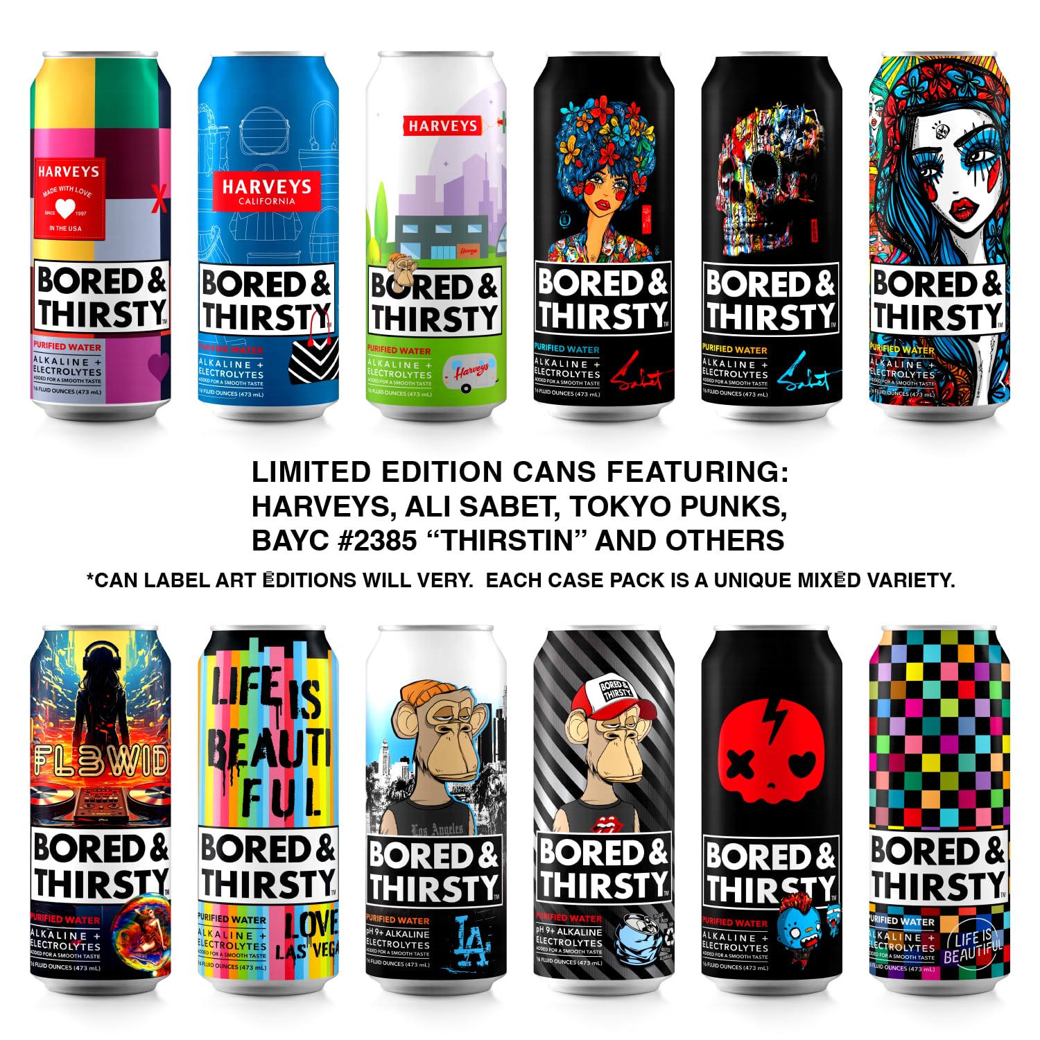 BORED & THIRSTY Supreme Water with Electrolytes, pH 8+ Alkaline and Trace Minerals - 16 FL OZ - 100% Recyclable Aluminum Cans 12 Pack with Limited