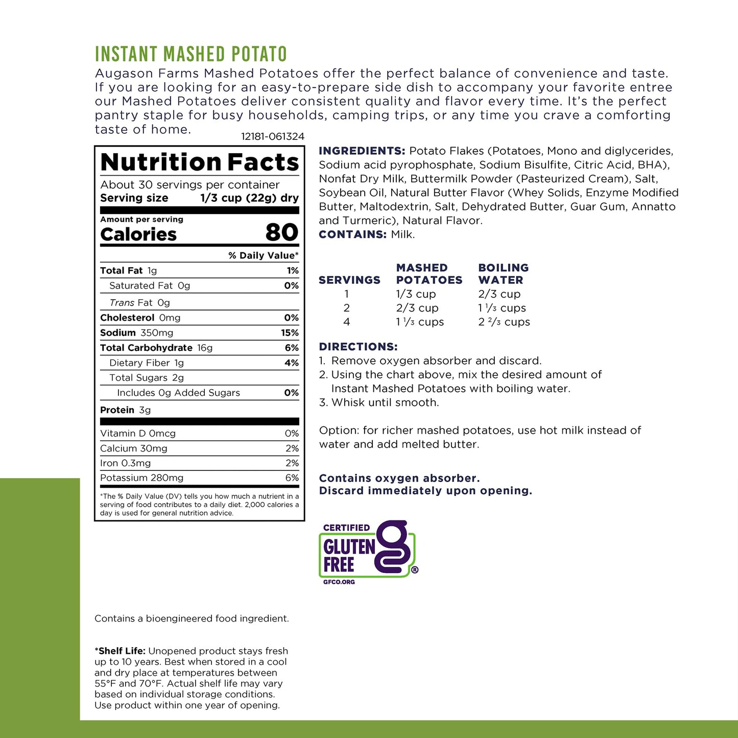 Instant Mashed Potatoes Emergency Food Supply, 30 Servings, 10 Year Shelf Life, Certified Gluten Free Mashed Potatoes, Flavored with Butter and Salt