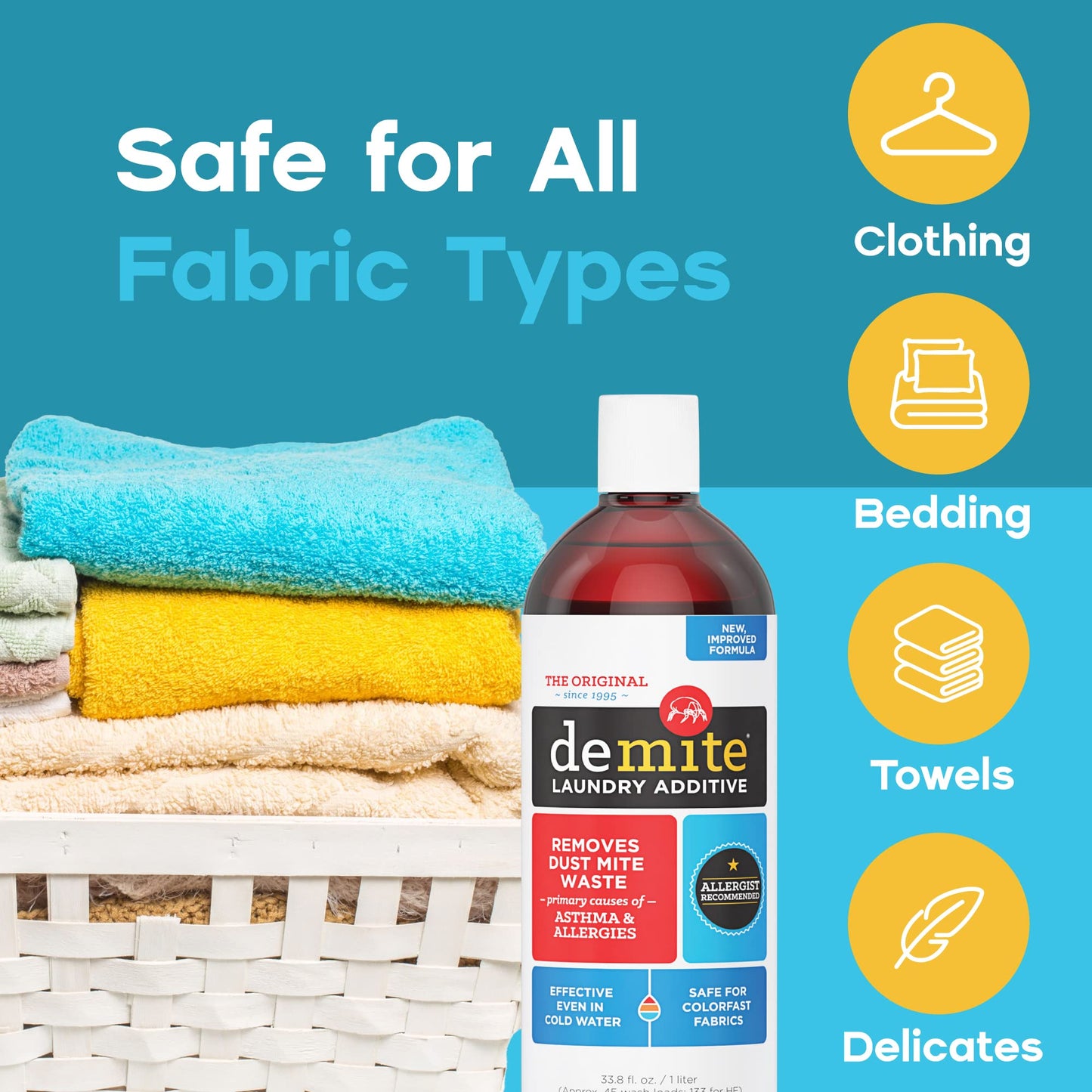 DeMite Laundry Additive - Dust Mite Waste Remover for Allergy Relief, Treatment for Bedding & Clothes, Safe for Children & Pets, Fragrance-Free Gentle