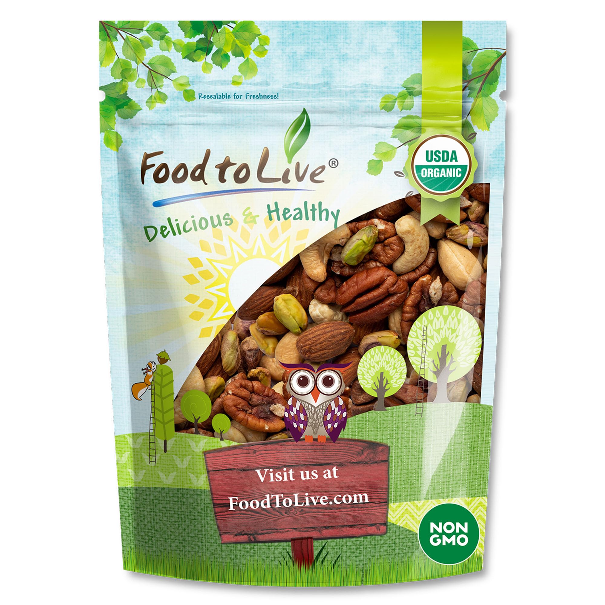 Food to Live Organic Four Nuts Mix, 1 Pound - A Blend of Dry Roasted Pistachios, Almonds, Pecans, Cashews, and Almonds with Himalayan Salt, Trail Mix
