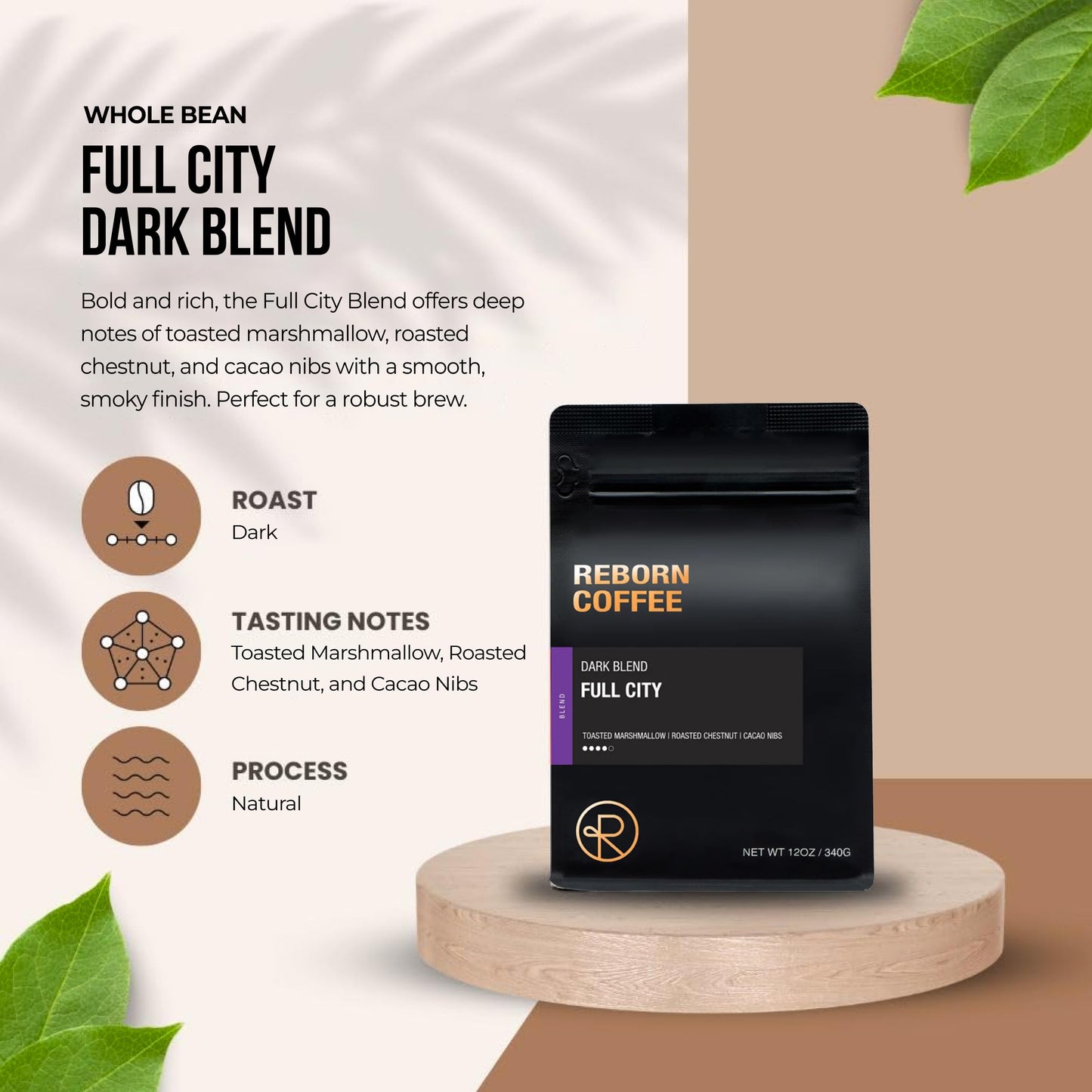 Reborn Coffee Specialty Whole Bean Coffee, Full City Dark Roast, 12 Ounce, Colombia Blend, Notes of Toasted Marshmallow, Roasted Chestnut, and Cacao
