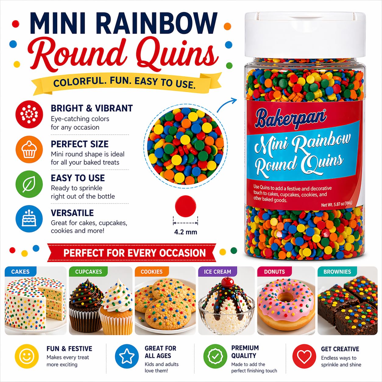 Bakerpan Quins Rainbow Sprinkles for Cake Decorating - 5.87 Ounces - Crunchy Rainbow Edible Confetti Sprinkles for Cupcakes, Ice Cream, Cookies, Cakes