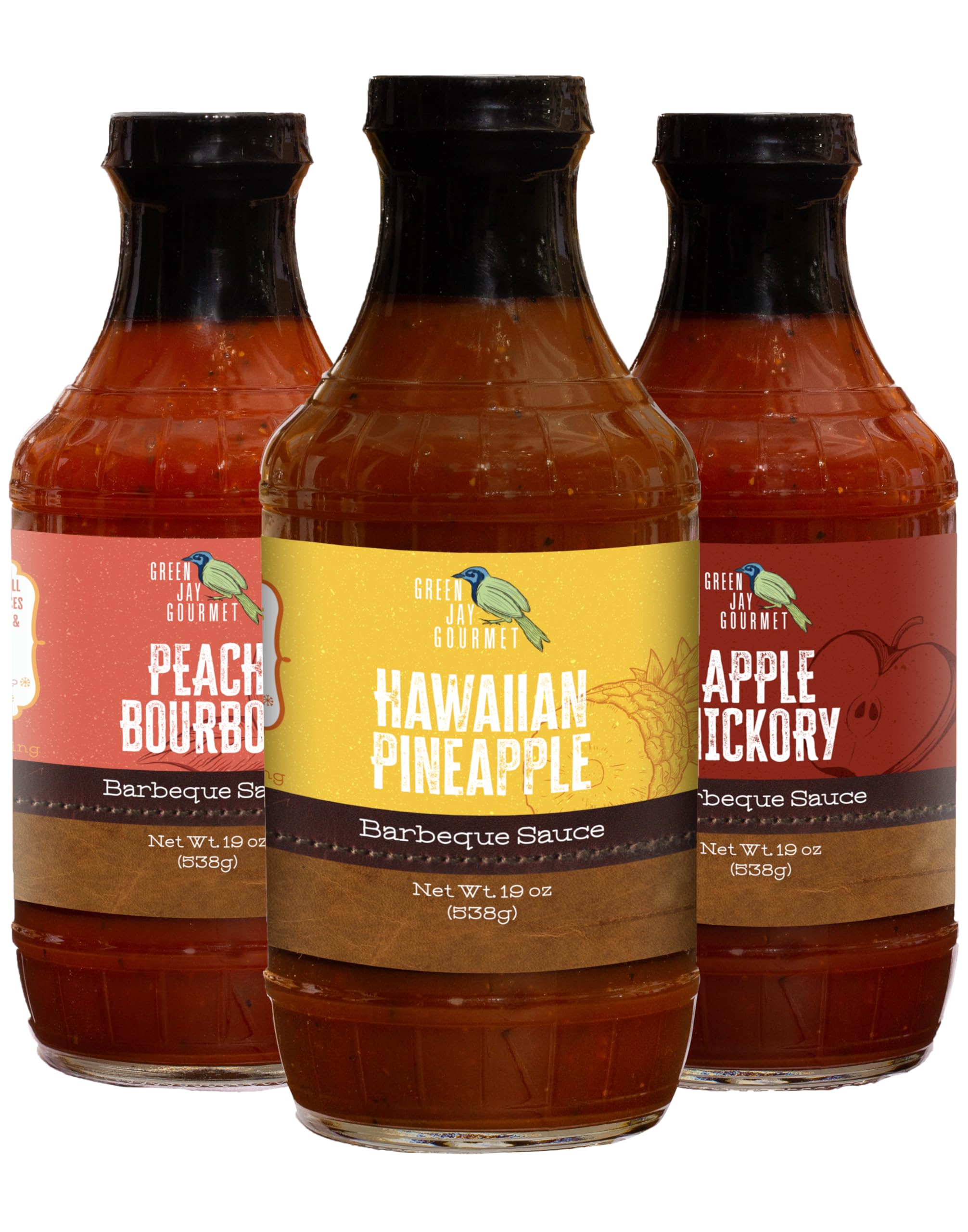 Green Jay Gourmet BBQ Sauce - Sweet Sampler - Hawaiian Pineaple, Apple Hickory & Peach Bourbon Barbecue Sauce - All-Natural BBQ Sauce for Meats