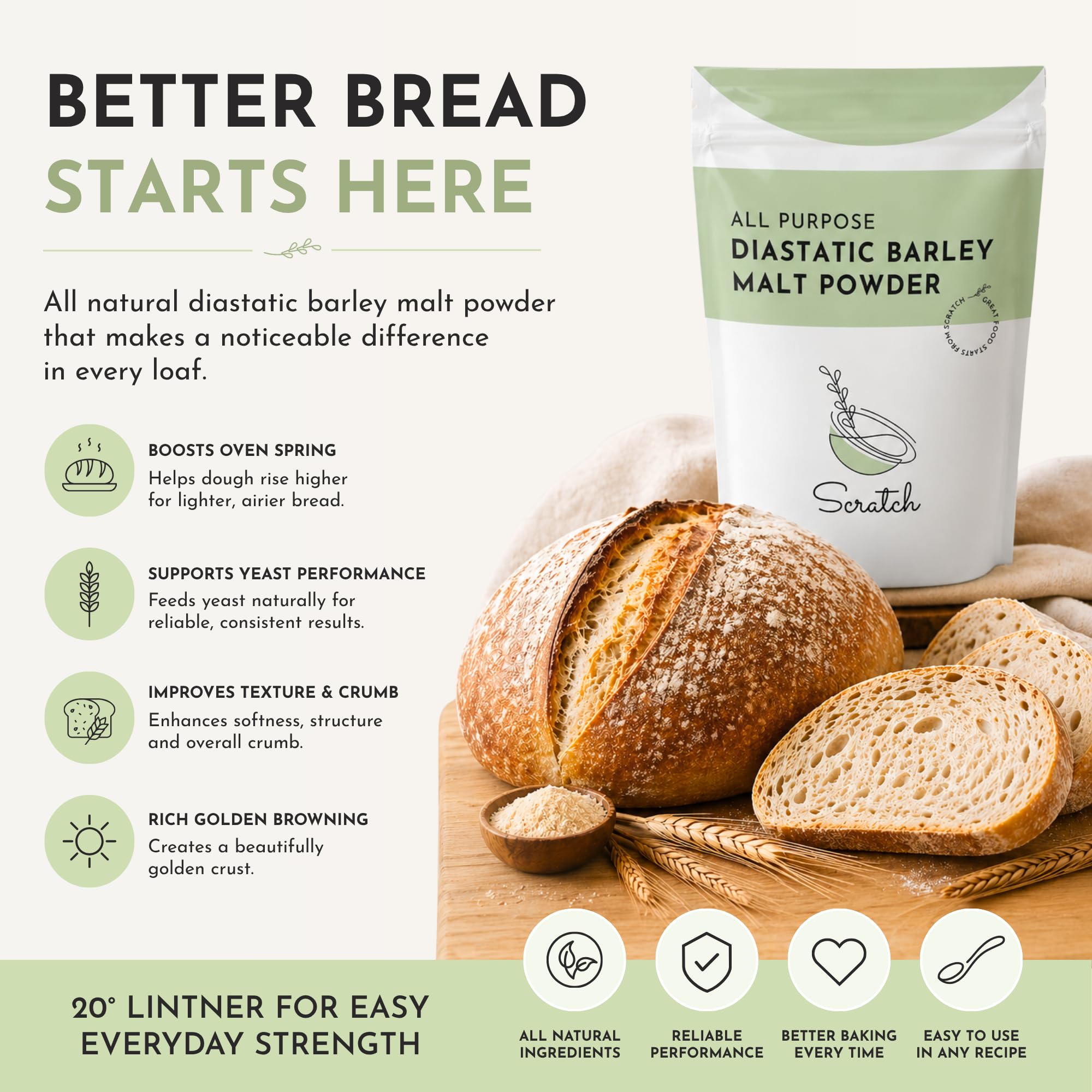 Scratch Diastatic Malt Powder for Baking - (2LB) Dried Barley Malt for Baking Bread - Bread Improver - Premium Baking Ingredients for Breads, Pizzas