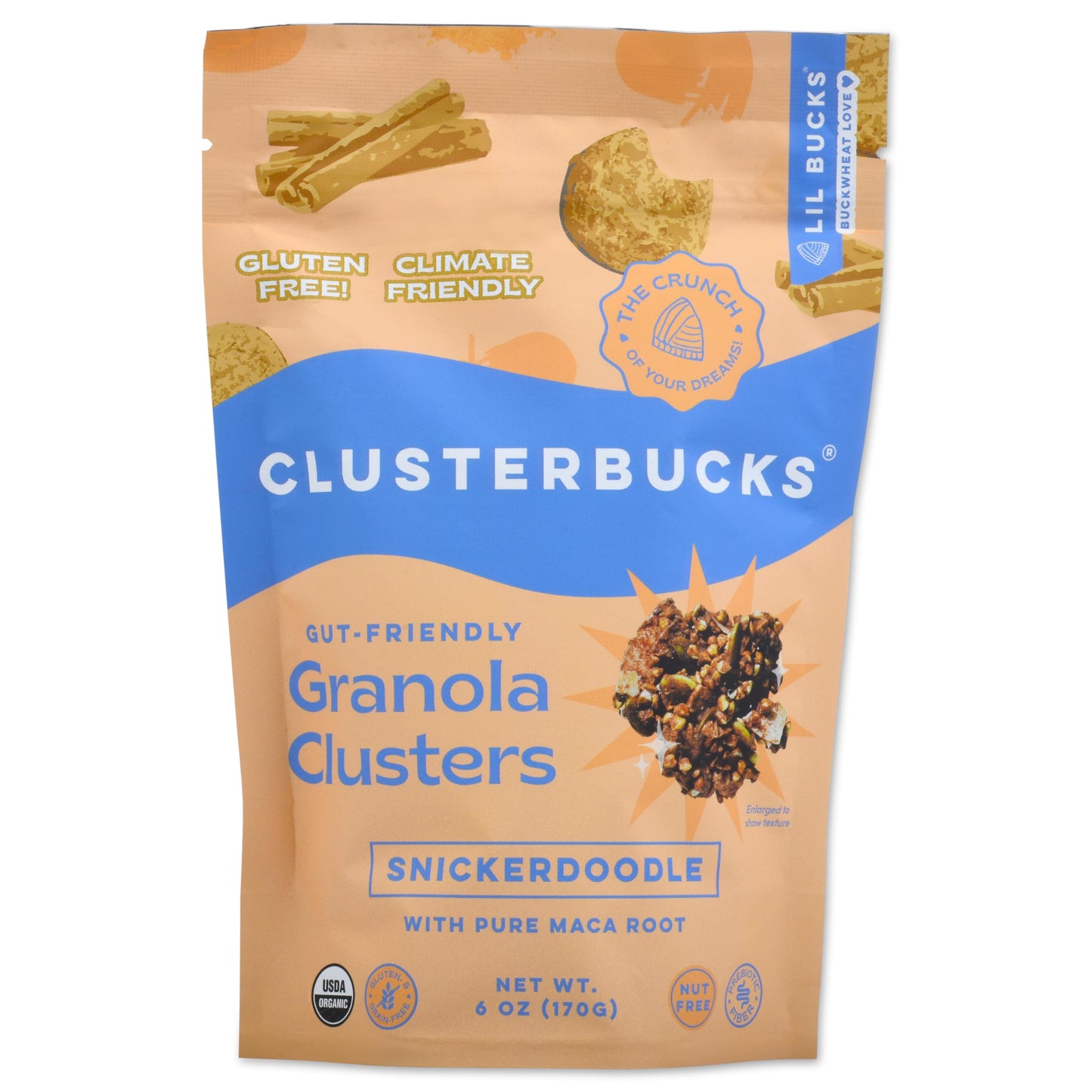 Lil Bucks Clusterbucks Grain-Free Superfood Clusters made with Sprouted Buckwheat and Adaptogens, Gluten Free Snack (Snickerdoodle, 6 Pack)