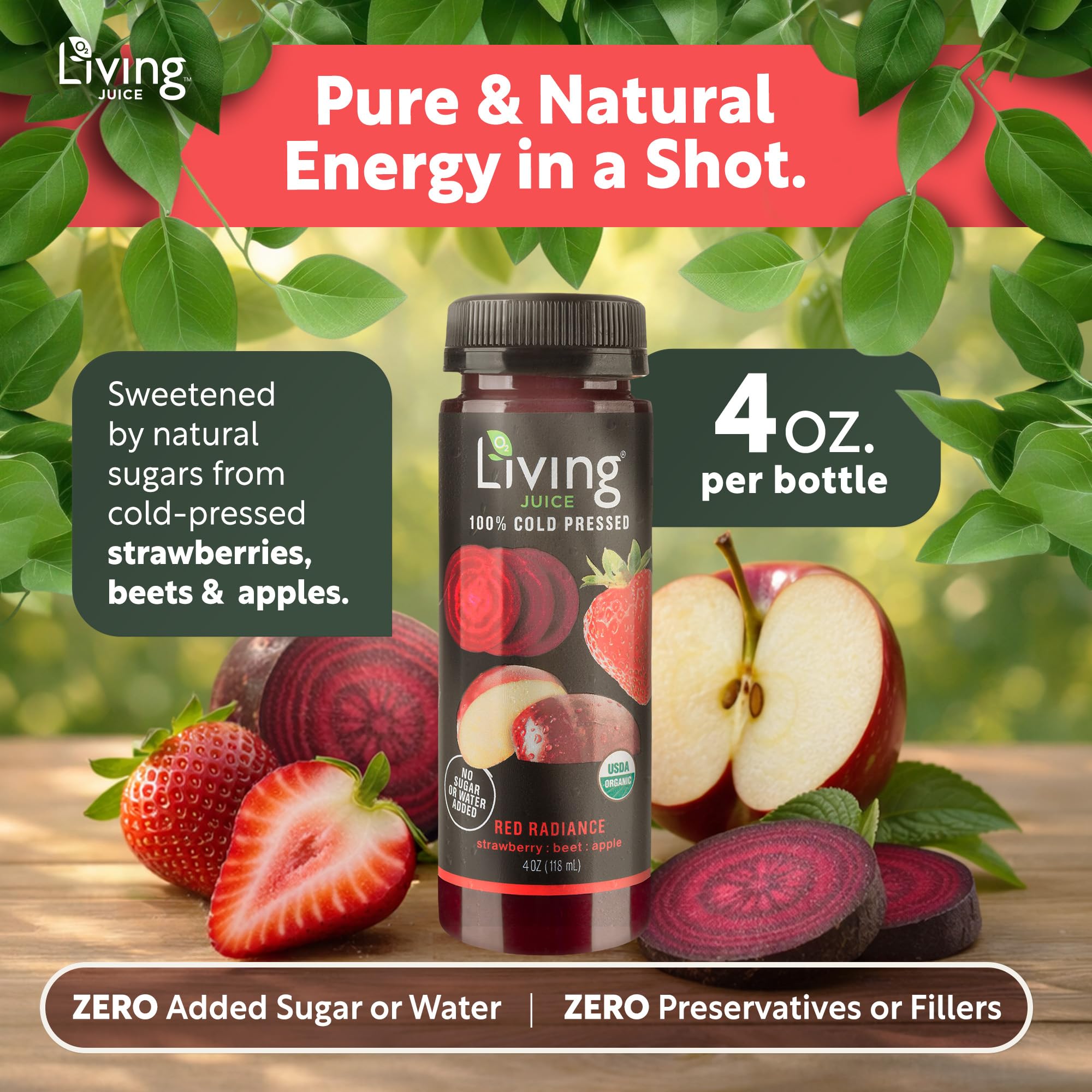 O2 Living Juice Cold Pressed Drink - Red Radiance Organic Juice Pack - No Added Sugar or Water, Naturally Sweetened from Fruits, Rich in Nutrients
