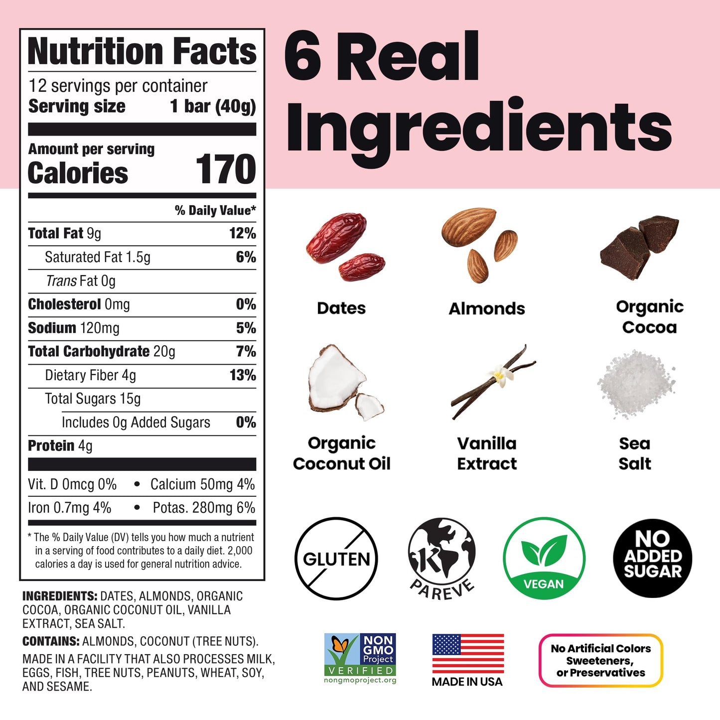 Bahamii Chocolate Almond Date and Energy Bars, Healthy Snacks and Breakfast Bars for Kids and Adults, No Sugar Added, Gluten Free, High Fiber, Vegan