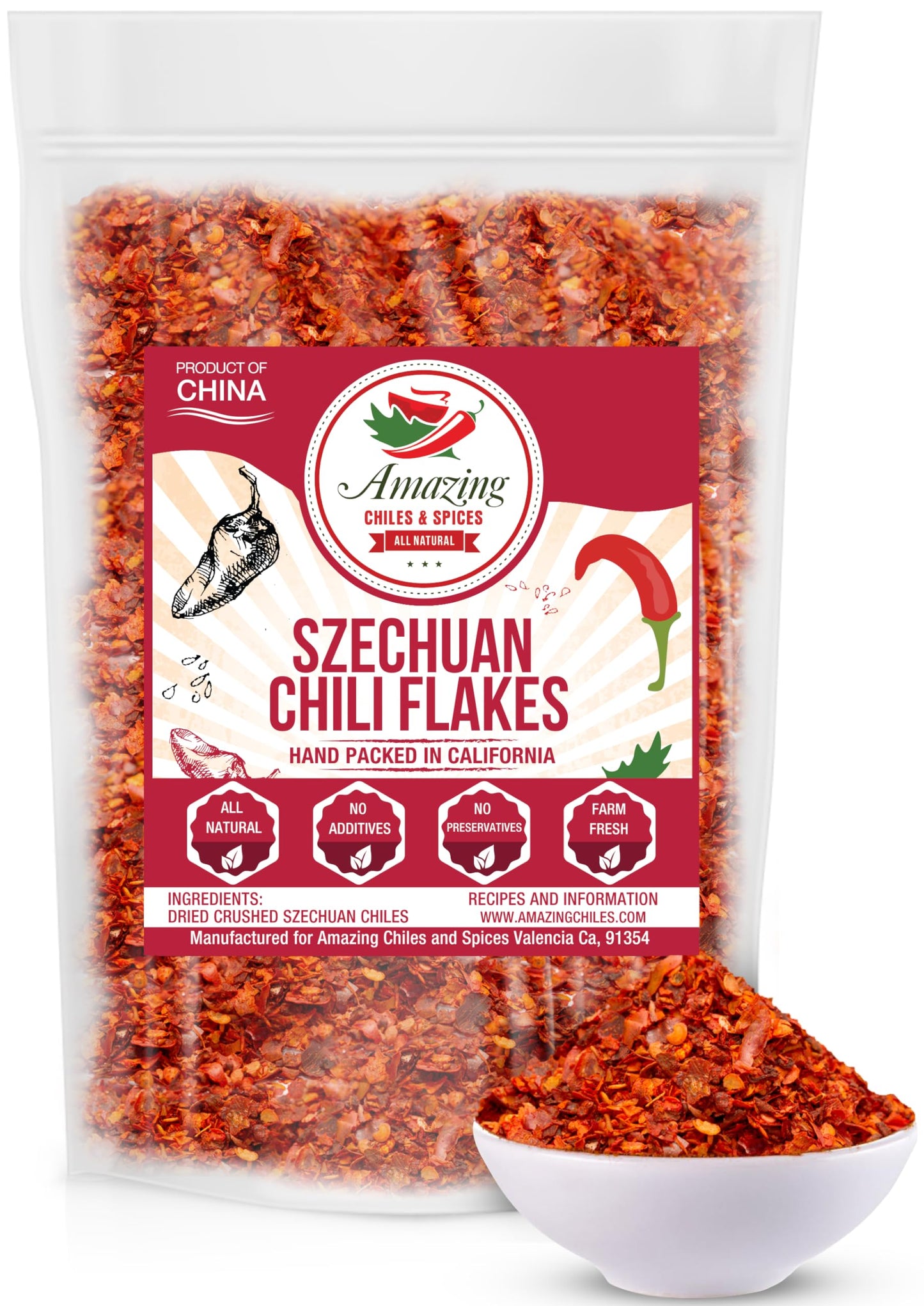 Sichuan Chili Flakes, 8 oz - Traditional Red Pepper Spices and Szechuan Seasoning for Thai, Korean, Mexican, and Asian Dishes, Authentic Medium Hot