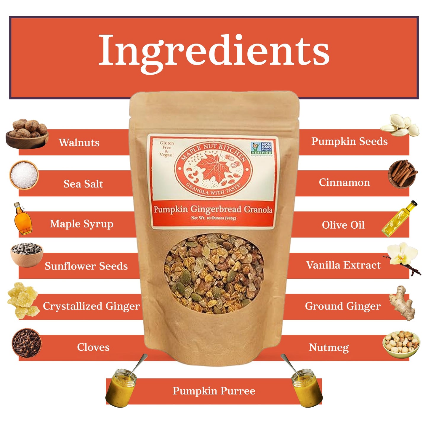 Maple Nut Kitchen Pumpkin Gingerbread 10 oz - Delicious Pumpkin, Ginger & Spice artisanal granola mix | Perfect Breakfast Treat