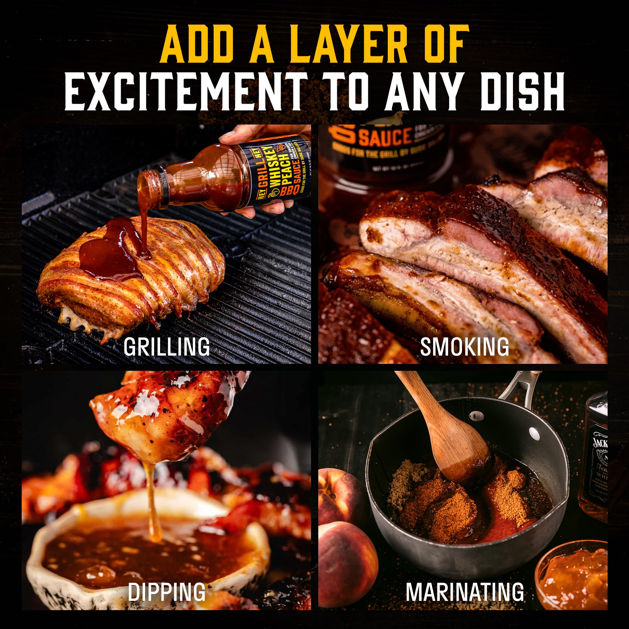 Hey Grill Hey | BBQ Sauce | Sweet and Savory, Chicken Sauce | BBQ Glaze | Salmon, Ribs | Grilling Essentials | Whiskey Peach