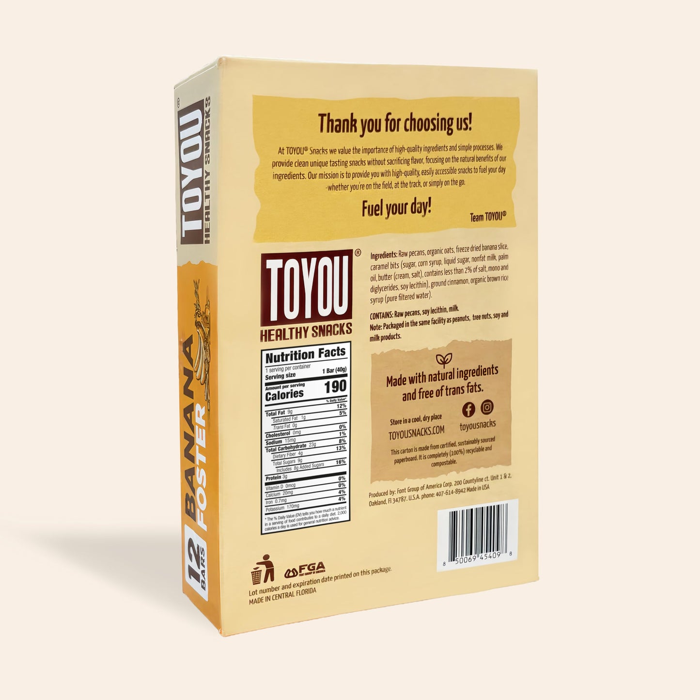 ToYou Gluten Free Chewy Fruit and Nut Bars - Healthy Protein Snacks | Banana Foster - 1.41 Ounce (Pack of 12) | Soft Chewy, Fiber-Packed Granola Bars