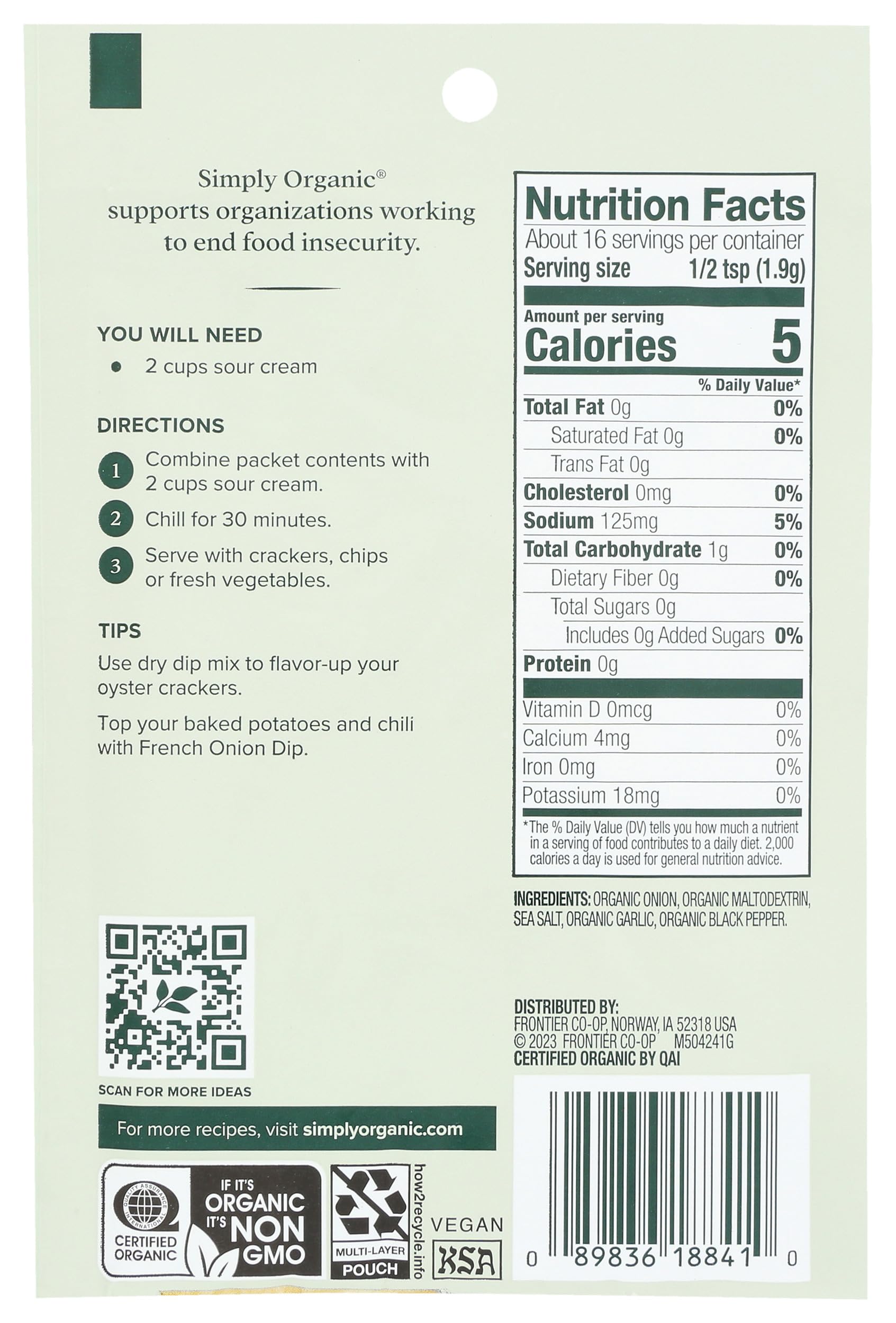 Simply Organic French Onion Dip, Certified Organic, Kosher, Mixes | 1.1 Ounce (Pack of 1)