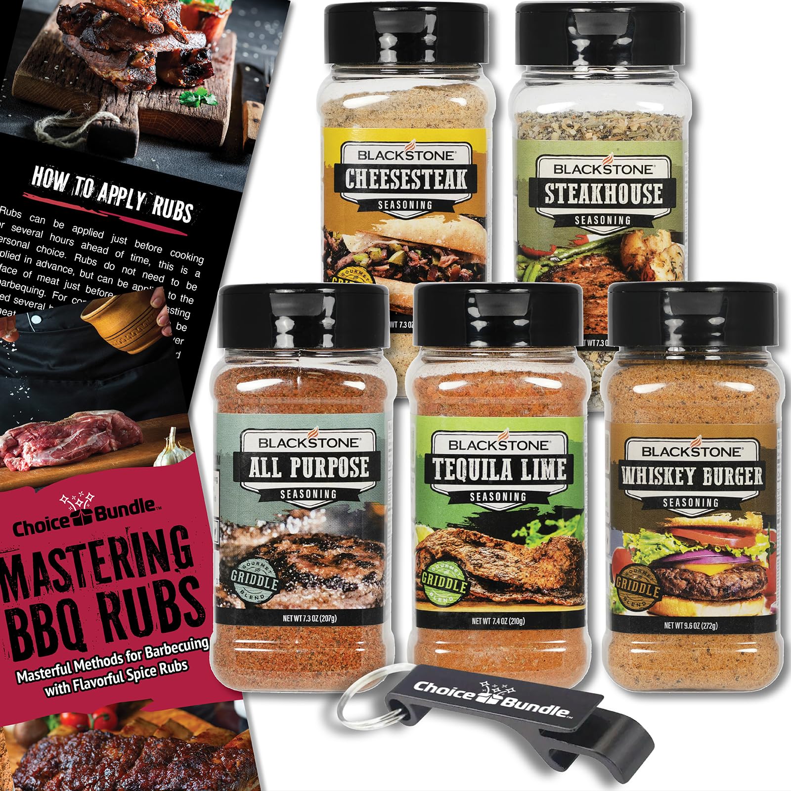 Blackstone Whiskey Burger Steakhouse Tequila Lime All Purpose Cheesesteak Premium Barbecue Griddle Seasoning Rub 5 Pk (38.9 oz) + BBQ Masters & Opener
