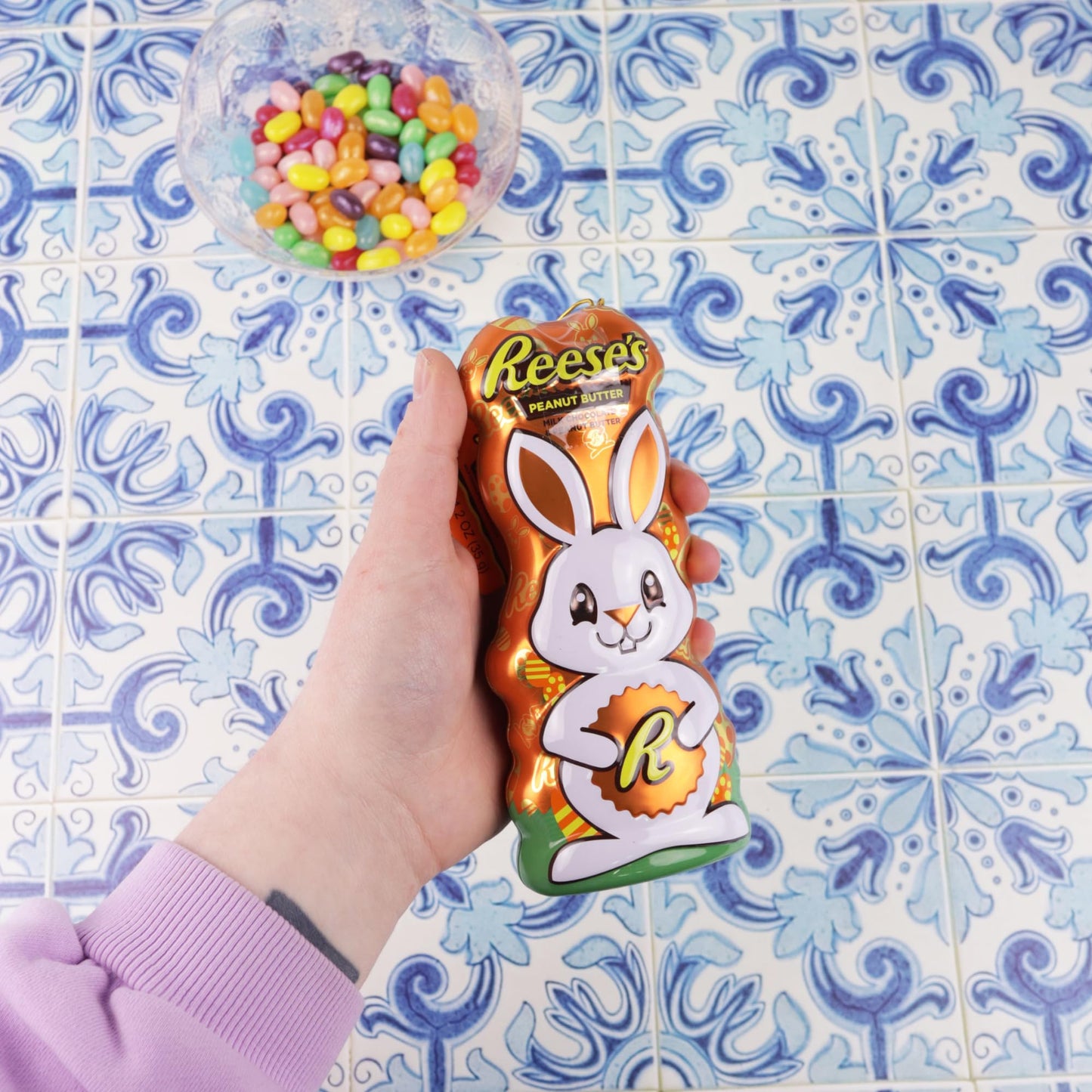 Reeses Easter Bunny Collectible Tin with Mini Peanut Butter Cups, Individually Wrapped, Basket Stuffer Candy, 4 Pieces Inside