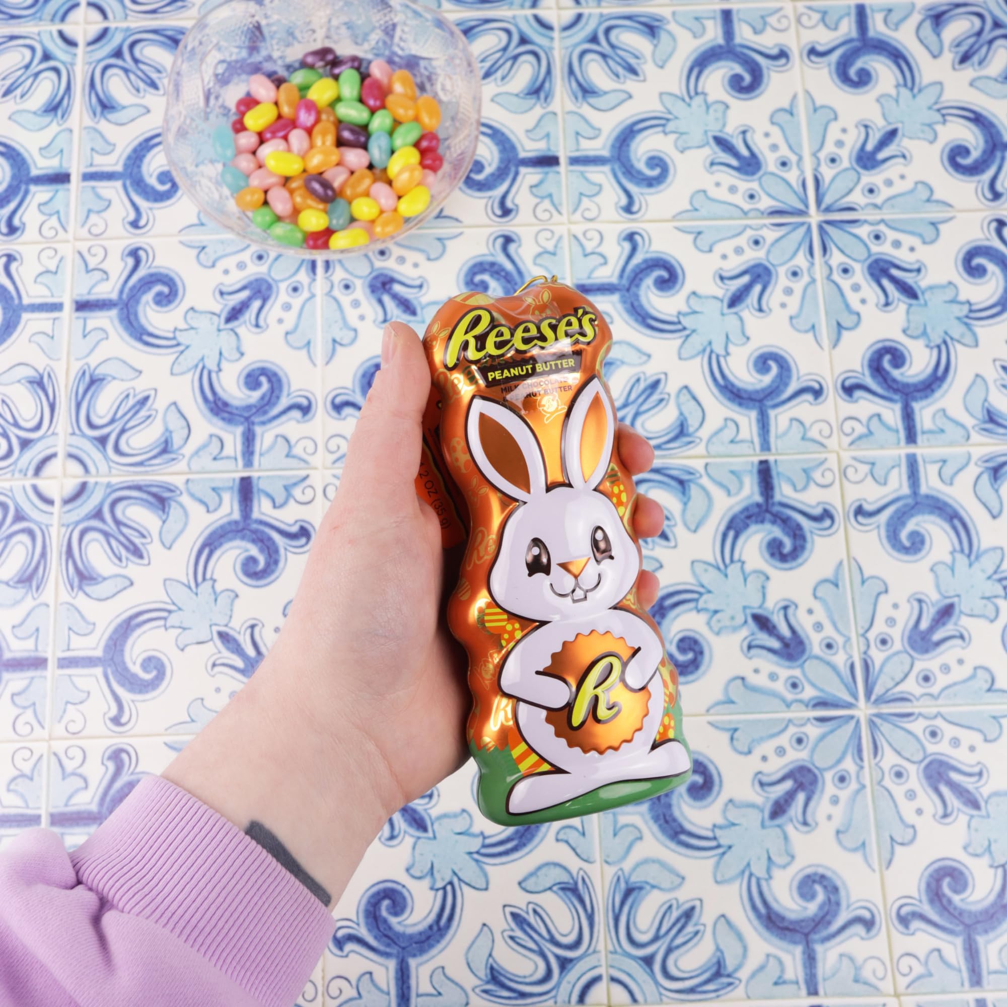 Reeses Easter Bunny Collectible Tin with Mini Peanut Butter Cups, Individually Wrapped, Basket Stuffer Candy, 4 Pieces Inside