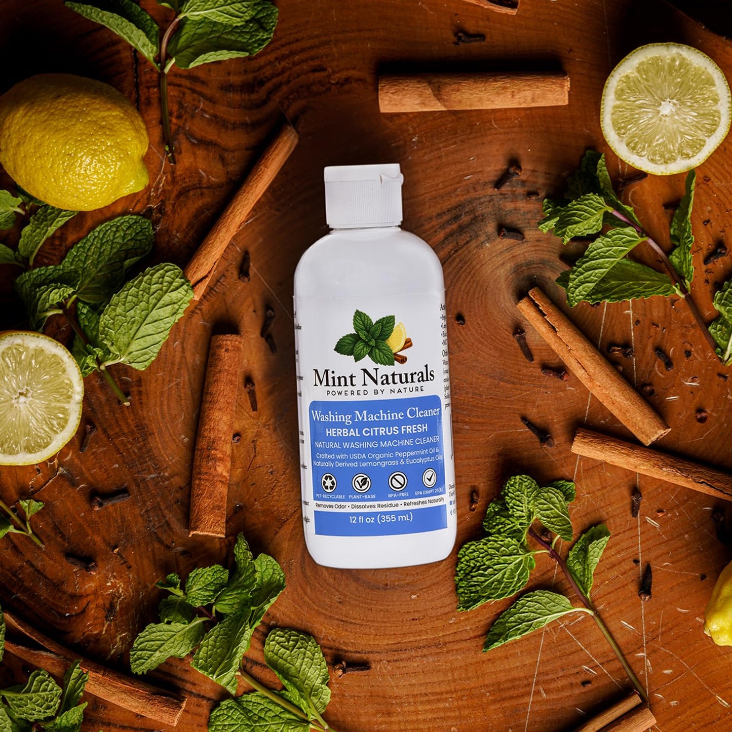 Mint Naturals Natural Washing Machine Cleaner Liquid - Formula That Helps Remove Odor & Residue in Front & Top Load Washers, 12 oz - Made in USA