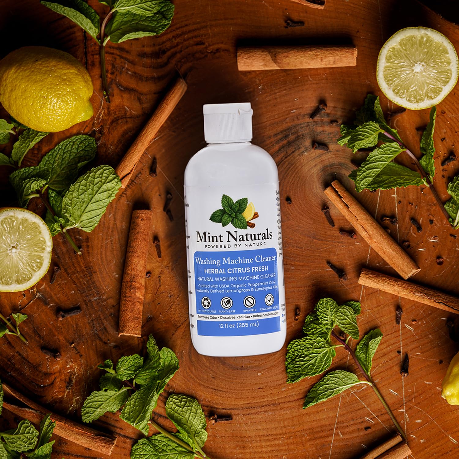 Mint Naturals Natural Washing Machine Cleaner Liquid - Formula That Helps Remove Odor & Residue in Front & Top Load Washers, 12 oz - Made in USA