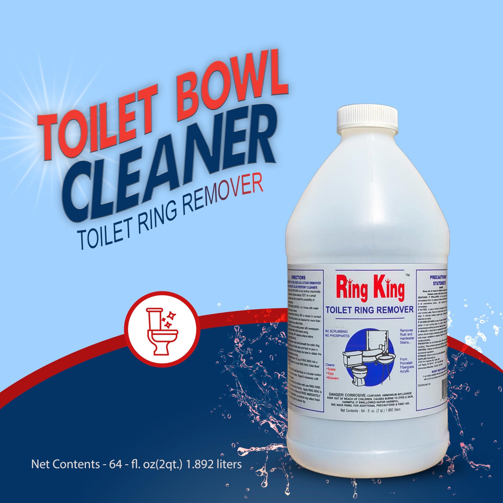 Ring King Toilet Bowl Cleaners | 64oz Toilet Bowl Cleaner Liquid Fast Acting Bathroom Cleaner For Calcium, Water, Rust, Red Clay & Lime Stains - No