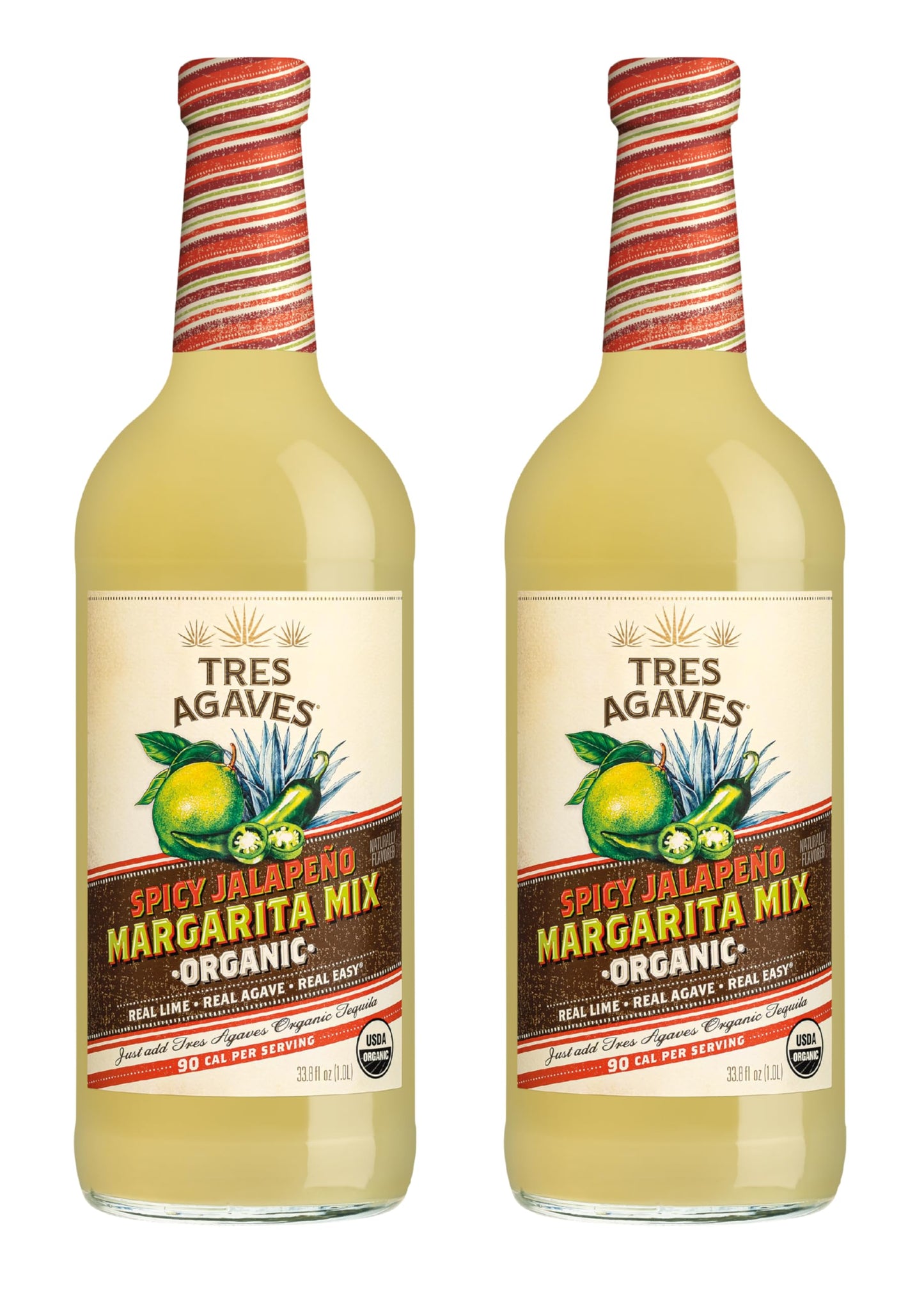 Organic Spicy Jalapeño Margarita Mix - Real Lime Juice, Agave & Chili Flavor - 90 Calories - Vegan, Gluten-Free - 750ml (2 Pack)