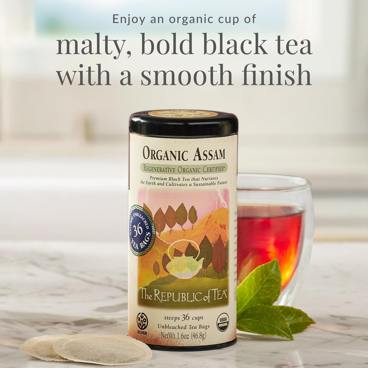 The Republic of Tea - Organic Assam, 36 Naturally Caffeinated Black Tea Bags, Regenerative Organic Certified