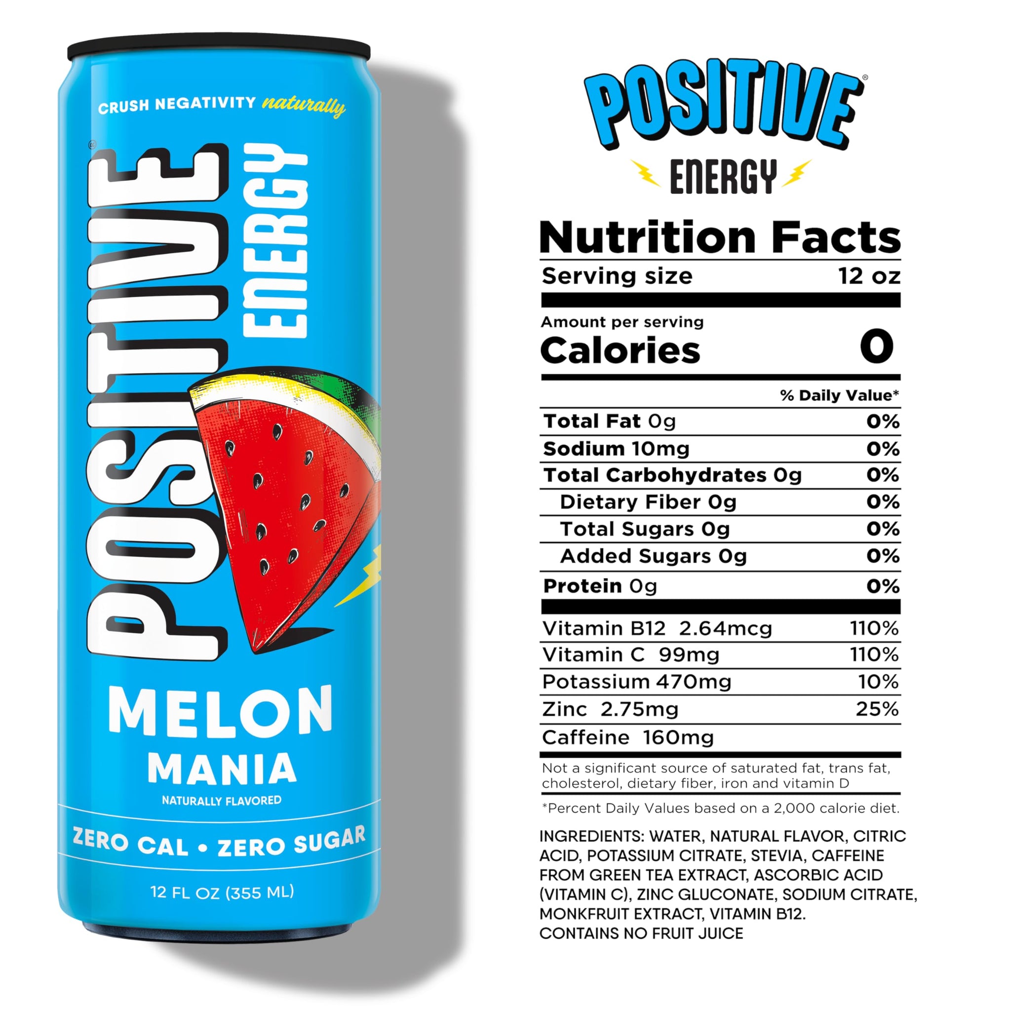 Positive Energy Beverage | Melon Mania | 12-oz Can, Pack of 12 | Zero Sugar Energy Drink, Supports Immunity and Hydration