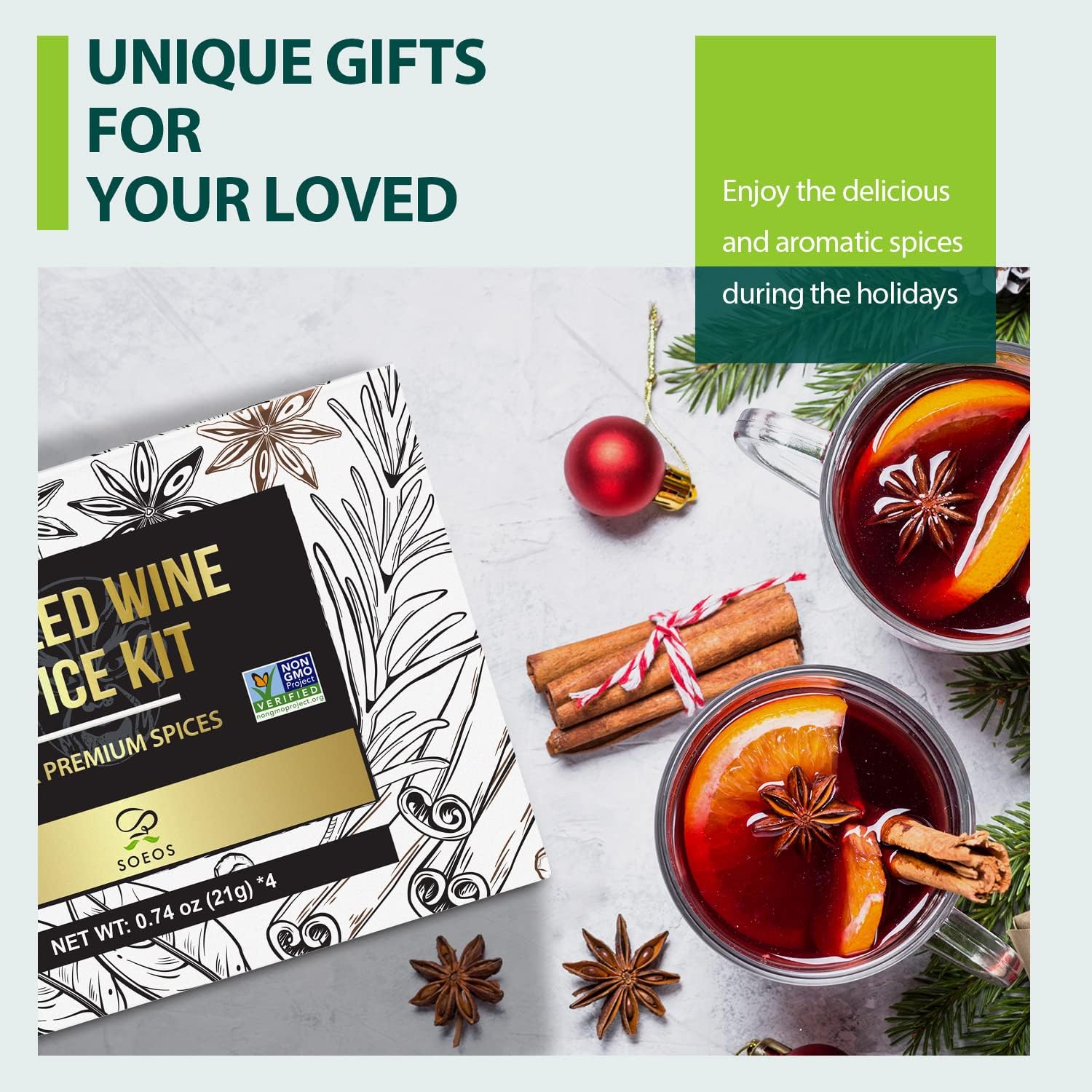 Soeos Mulled Wine Spice Kit 2.96 oz (0.74 oz*4), Mulling Spices for Wine, Apple Cider, and Tea, Mix of Six Premium Mulling Spices, Including Cinnamon