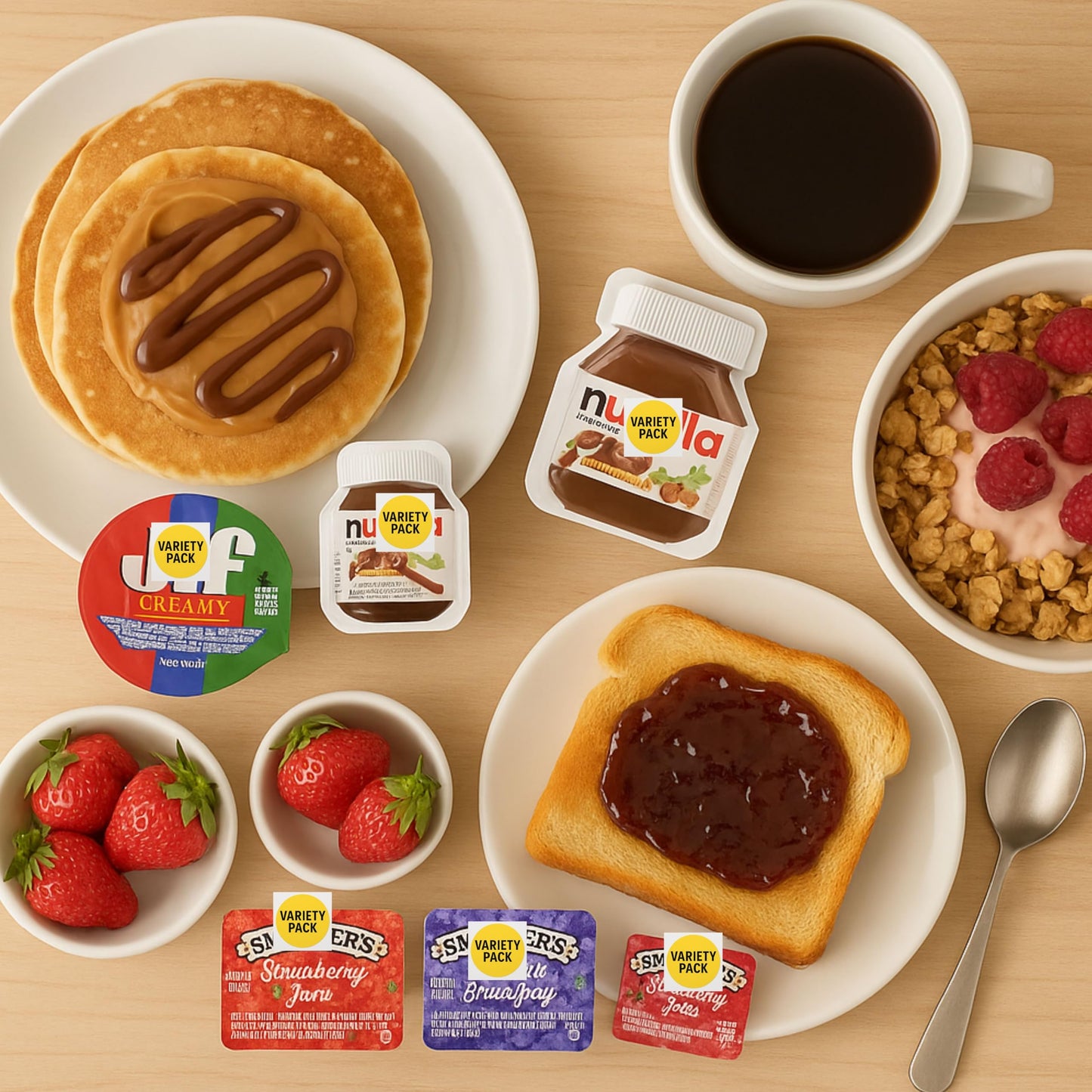 Breakfast Spreads Variety Pack -40 Single-Serve Portion Cups - Peanut Butter, Hazelnut Cocoa Spread, Strawberry Jam & Grape Jelly - Individual Packs
