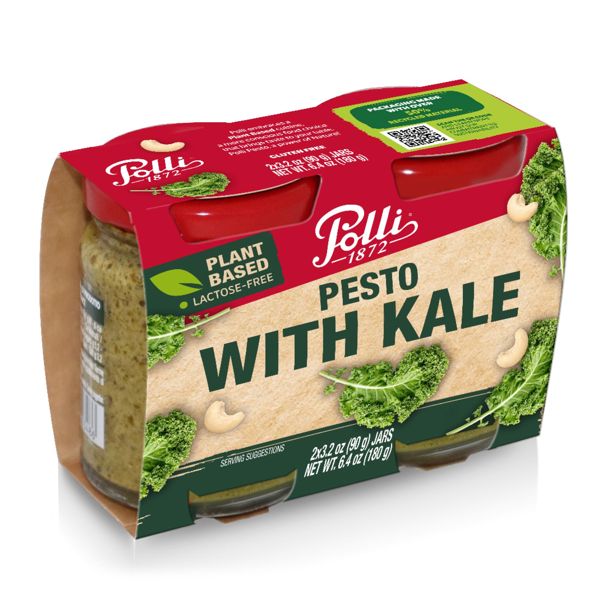Polli Kale Pesto - Italian Plant Based Pesto Sauce with Extra Virgin Olive Oil & Pine Nuts, Vegan Pasta Sauce, Dairy Free, Made in Italy, 2 x 3.2 oz