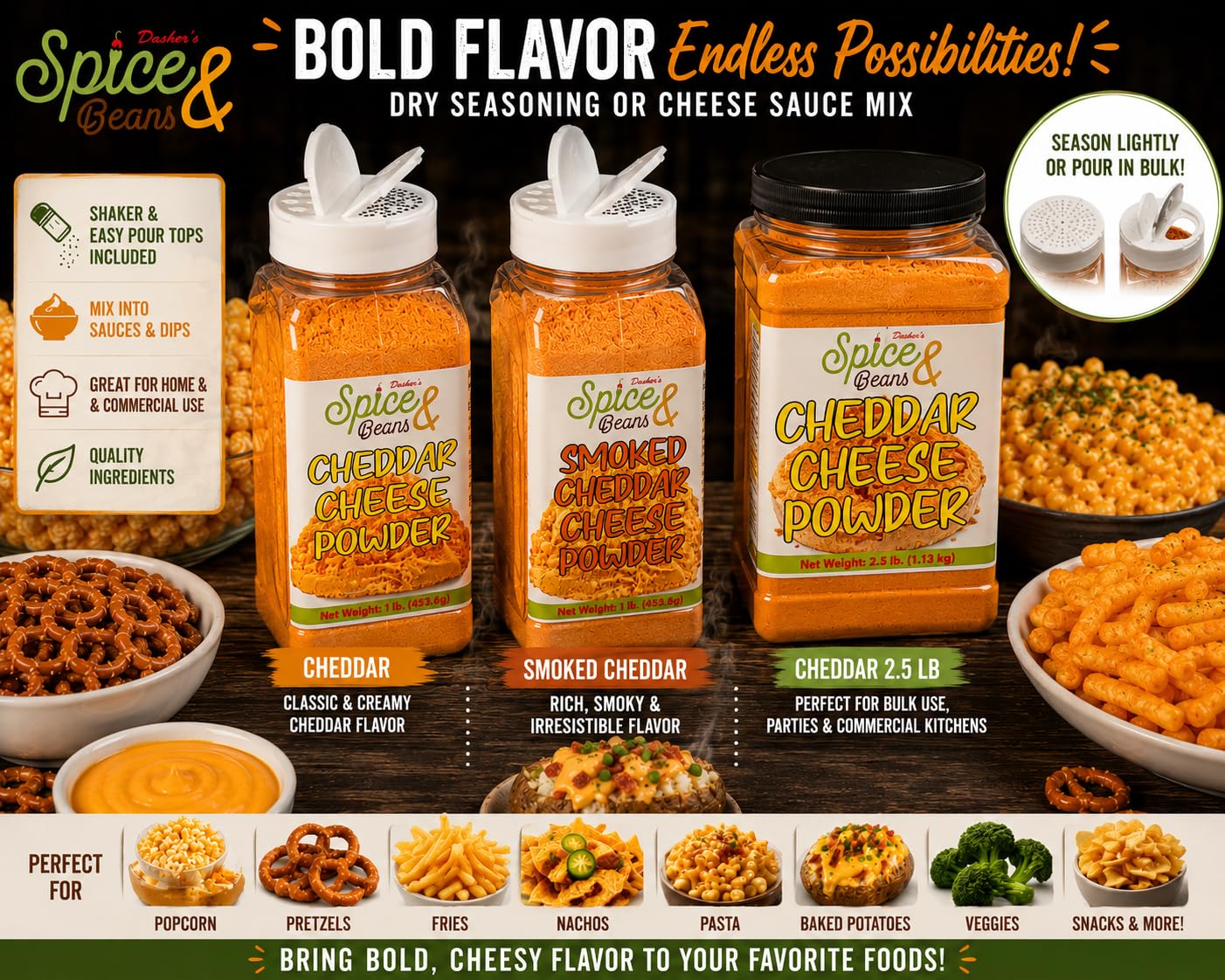 Smoked Cheddar Cheese Powder | Smoky Cheese Seasoning & Sauce Mix for Popcorn, Fries, Pasta, Pretzels & Snacks | Shaker & Easy Pour Tops Included | 1