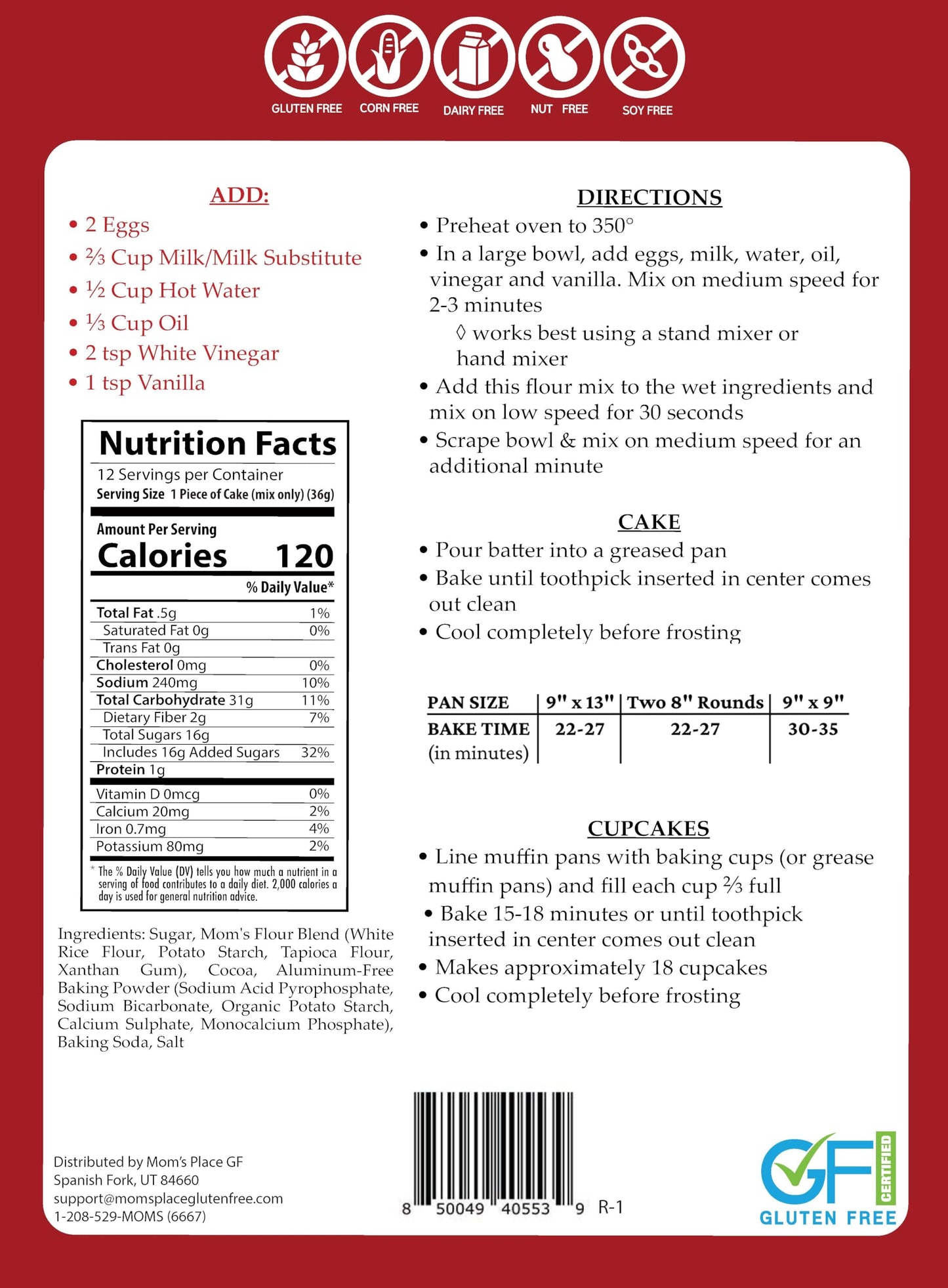 Mom's Place Gluten-Free Ultimate Chocolate Cake or Cupcake Mix, 1-Pack - Easy to Make, 12 Servings, Dairy, Nut, Soy & Corn Free, Non-GMO Delicious and Healthy Gluten Free Desserts