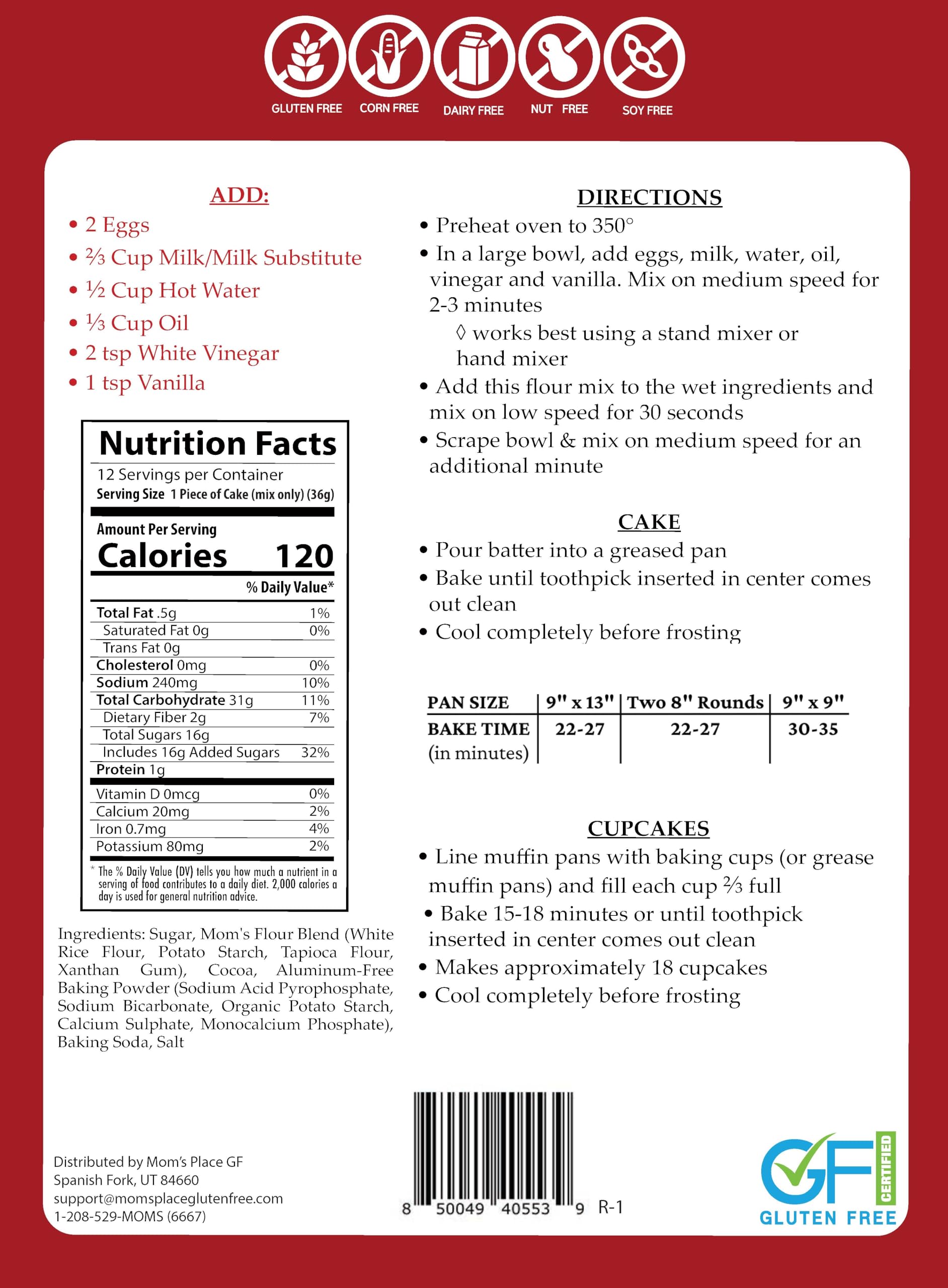 Mom's Place Gluten-Free Ultimate Chocolate Cake or Cupcake Mix, 1-Pack - Easy to Make, 12 Servings, Dairy, Nut, Soy & Corn Free, Non-GMO Delicious and Healthy Gluten Free Desserts