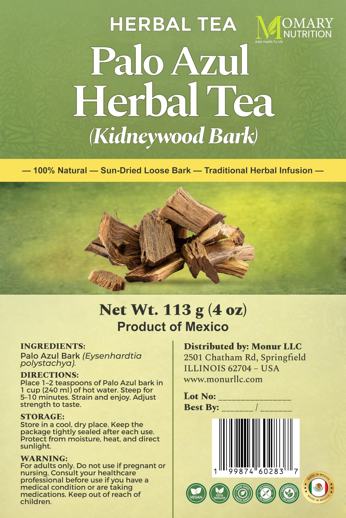 Palo Azul Herbal Tea - Kidneywood Bark (Eysenhardtia polystachya) - Jumbo Size - Net Wt. 113 g (4 oz) - 100% Natural - Sun-Dried Loose Bark - Caffeine