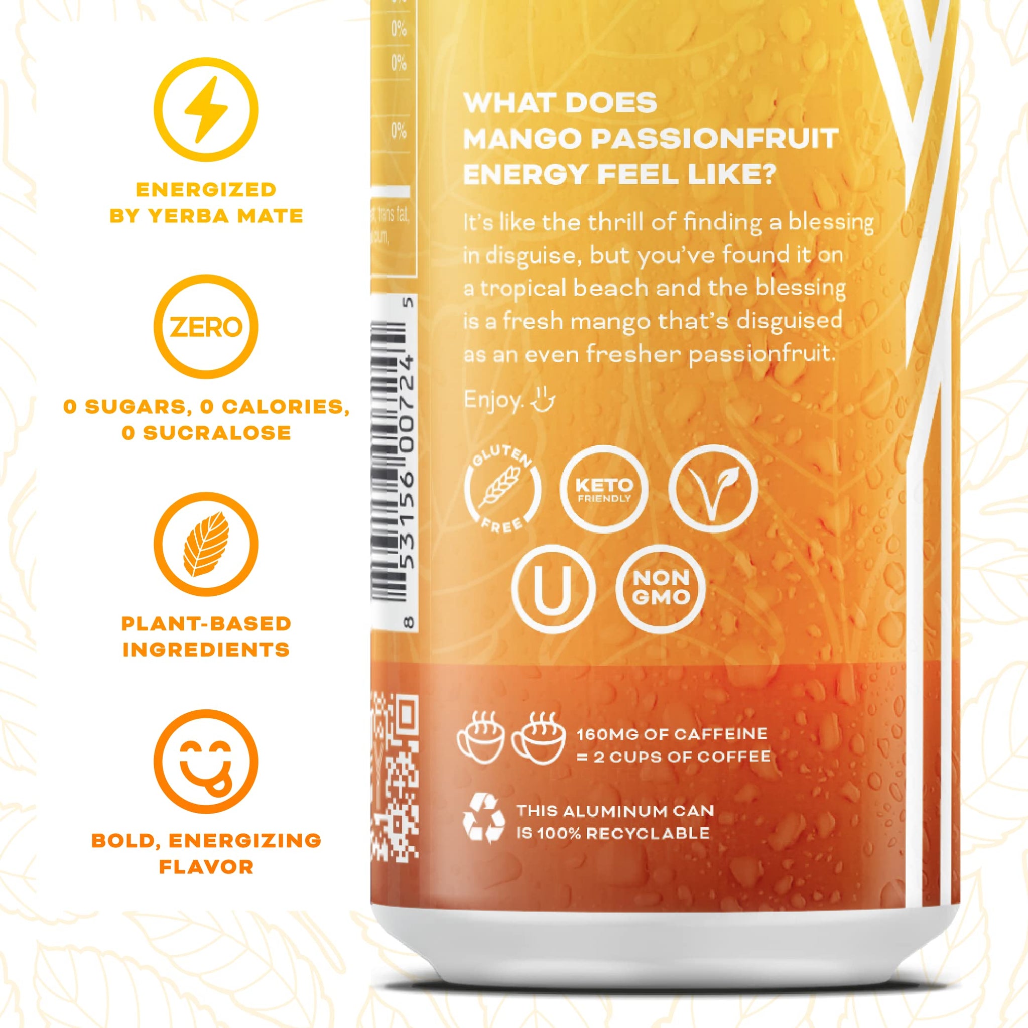 Yerbaé Mango Passion Fruit Functional Energy Drink - 0 Sugar, 0 Calories, 0 Carbs. Yerbae is Energized by Yerba Mate, Plant-Based, Healthy Alternative