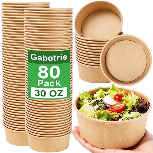 Gabotrie 80 Pack Large Paper Bowls, 30 Oz Kraft Paper Salad Bowl, Disposable Soup Bowls, Round Papers Food Container, Disposable Serving Bowl Bulk