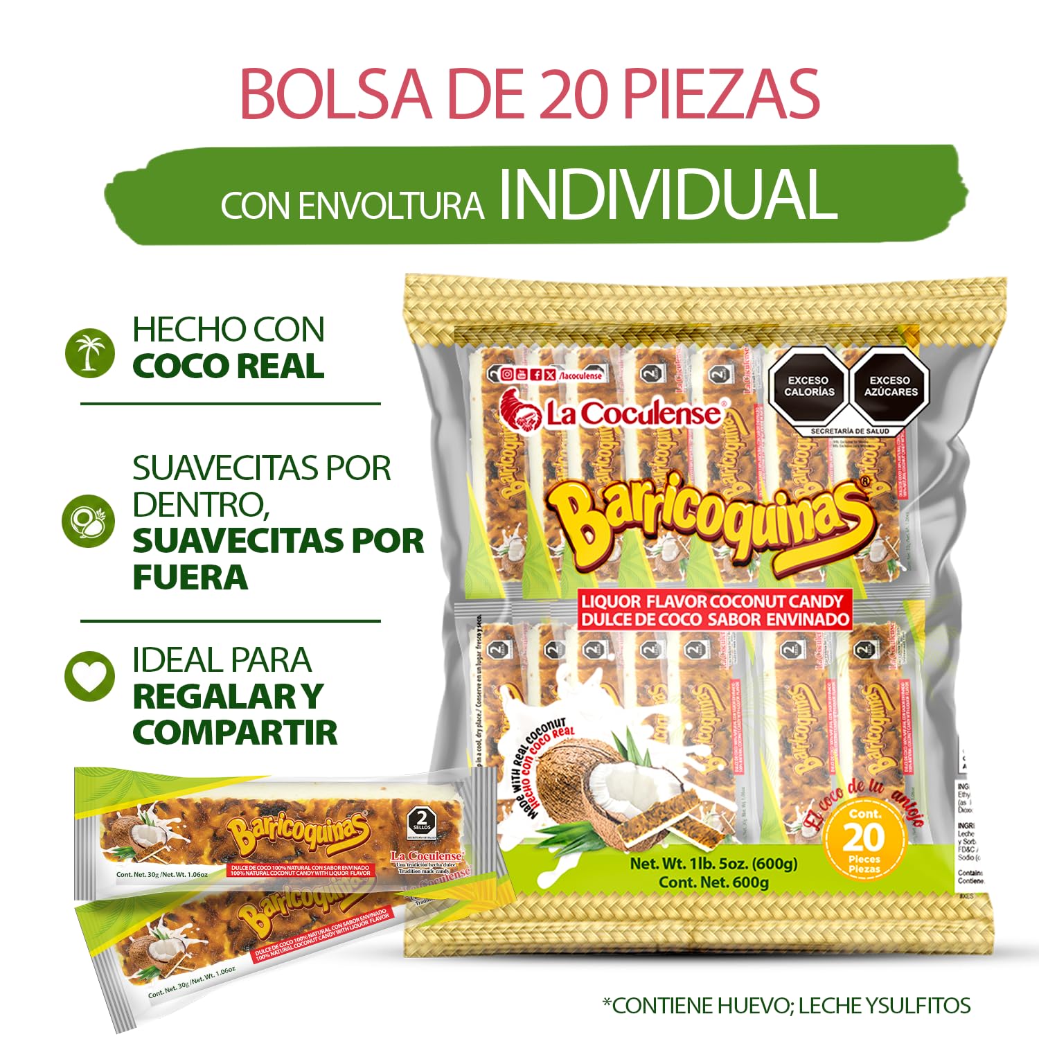 La Coculense - Barricoquinas - Natural Flavored Coconut Candies Soaked In Liquor - 3 Bags Of 20 Pieces Each