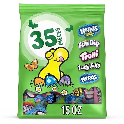 Nerds Easter Variety Seekers Basket Filler Variety Bag, NERDS Gummy Clusters, Fun Dip, Trolli, Laffy Taffy, and Nerds Original, 15 oz, 35 Count