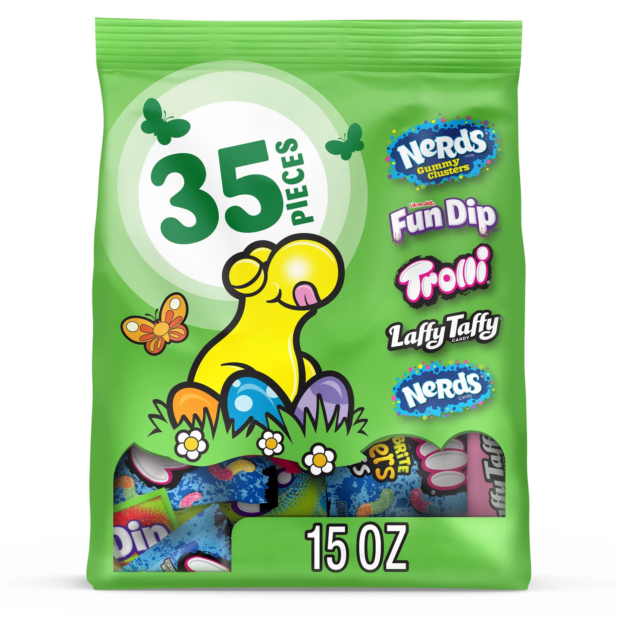 Nerds Easter Variety Seekers Basket Filler Variety Bag, NERDS Gummy Clusters, Fun Dip, Trolli, Laffy Taffy, and Nerds Original, 15 oz, 35 Count